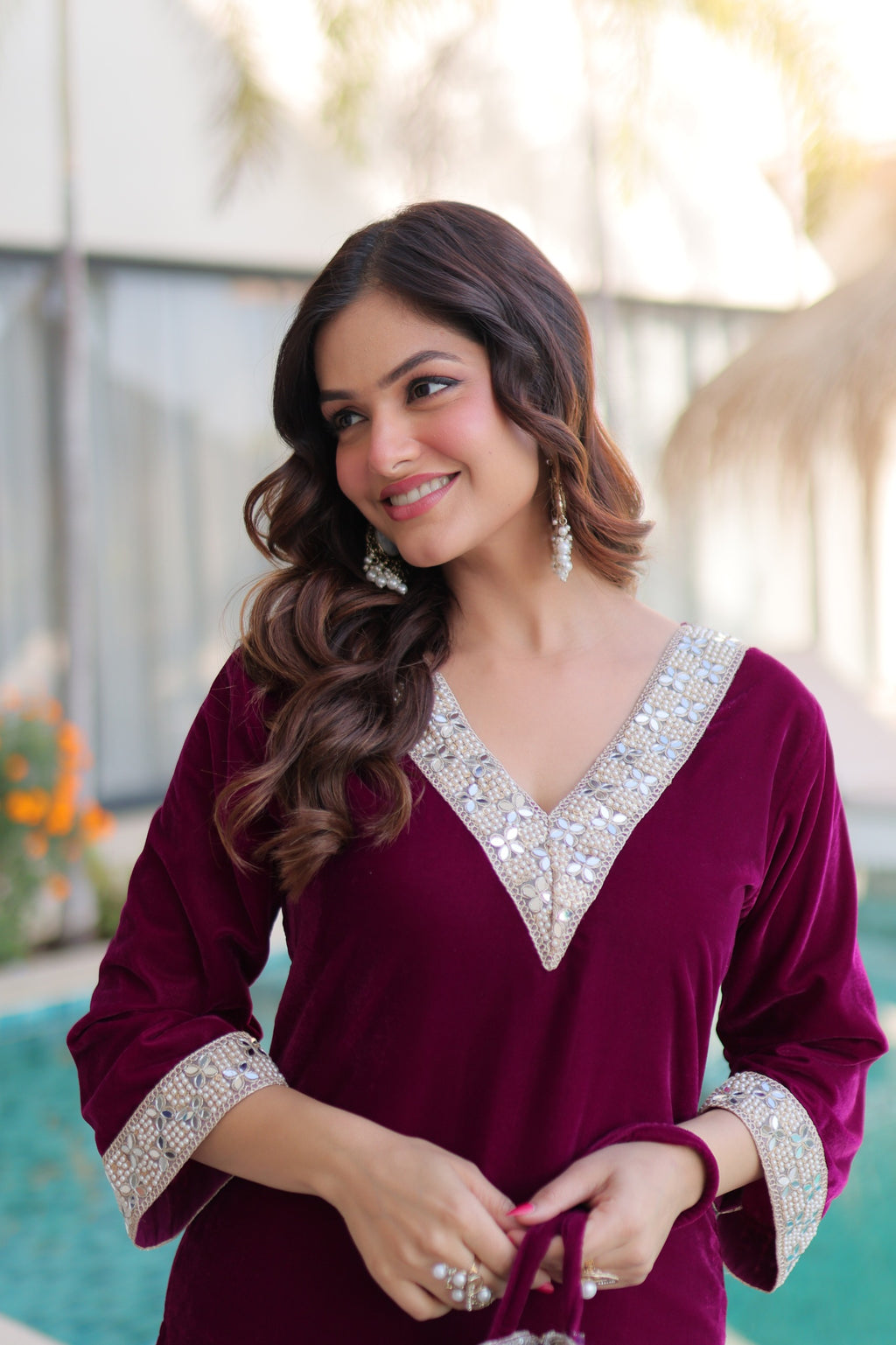 Women Wine Velvet With Zari Embroidered & Real Mirror Work Kurta Set with Batwa