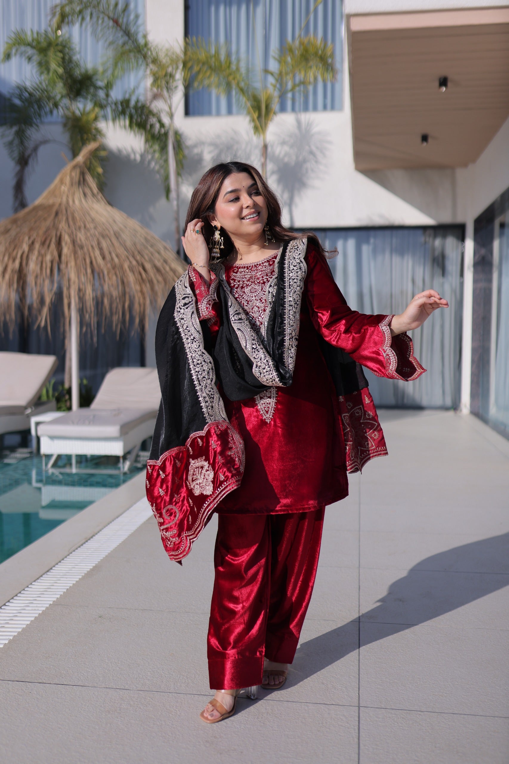 Women Velvet with Rich Zari Embroidered work kurta Set with dupatta