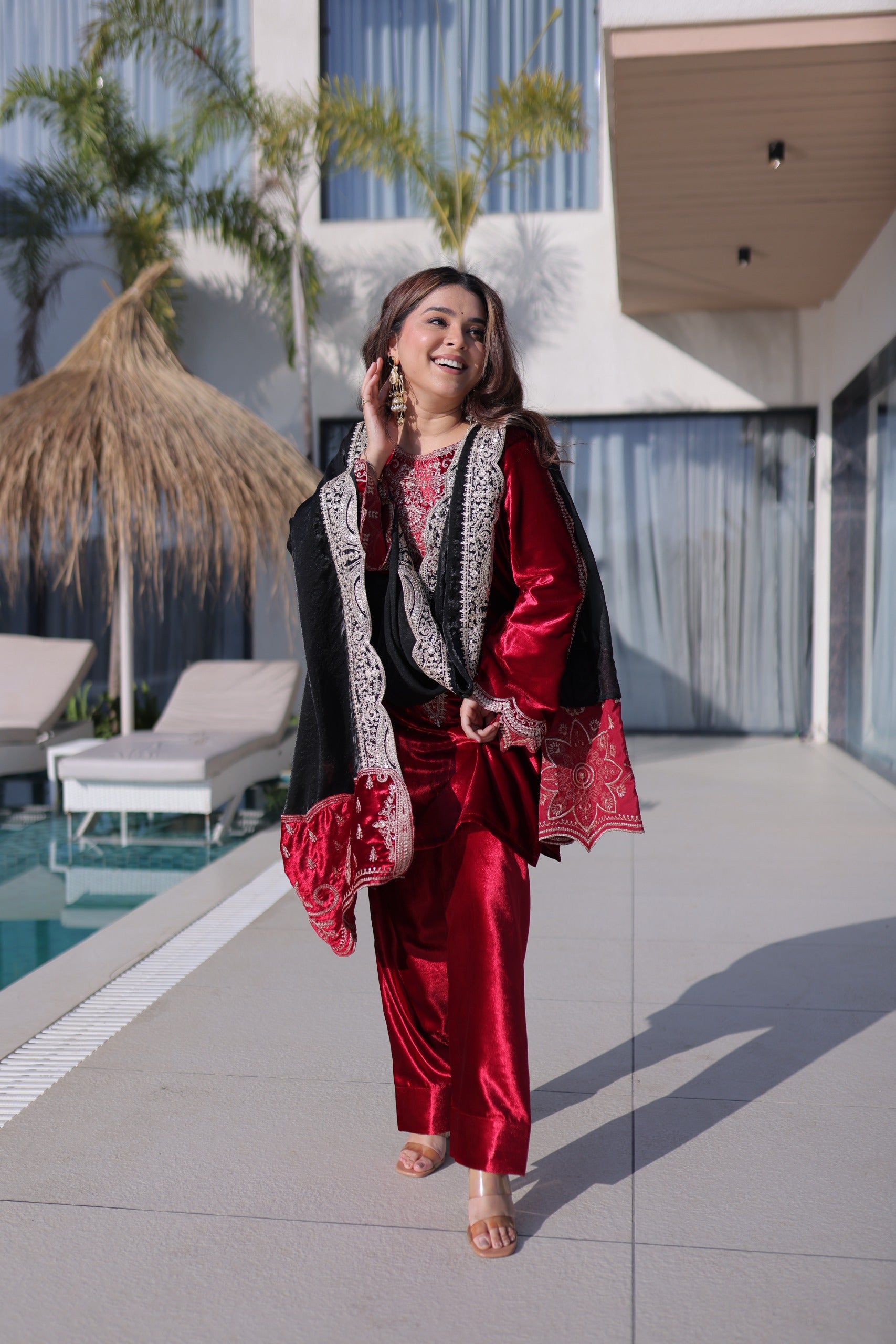 Women Velvet with Rich Zari Embroidered work kurta Set with dupatta