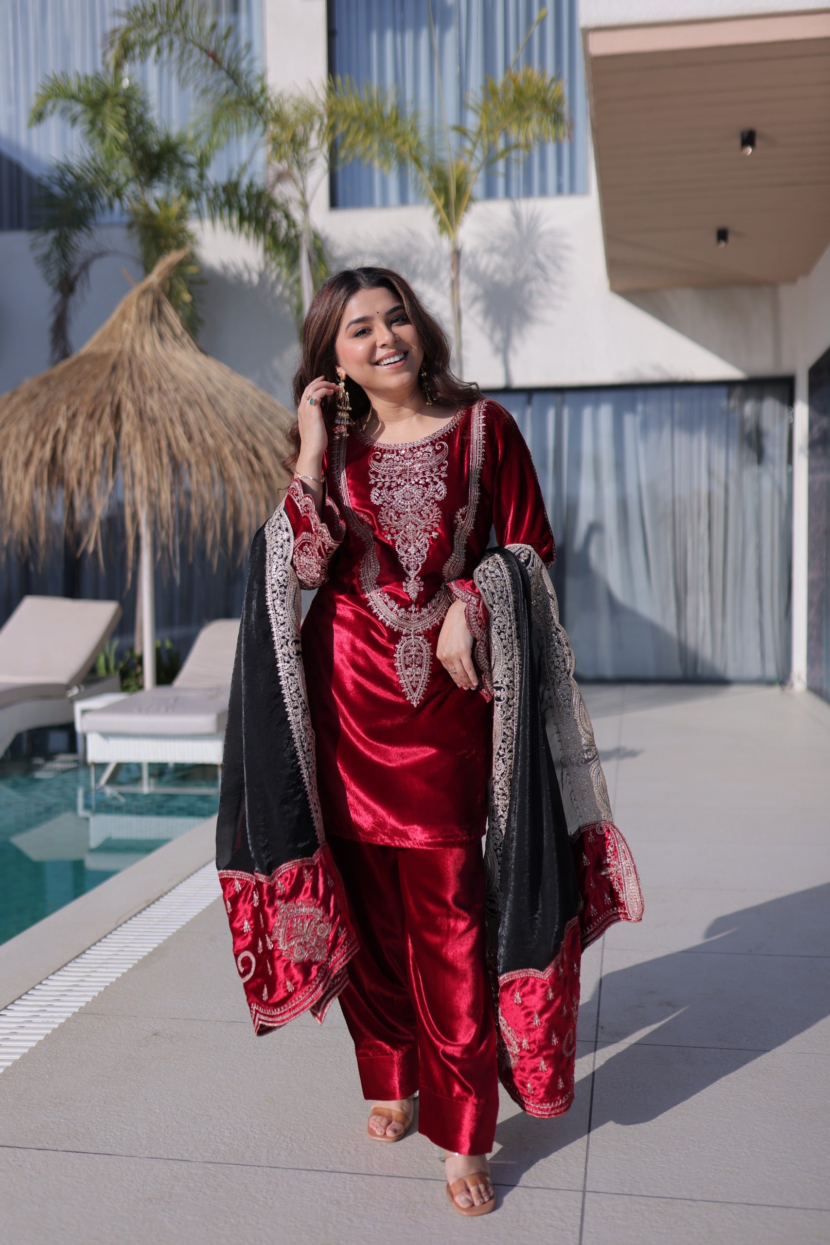 Women Velvet with Rich Zari Embroidered work kurta Set with dupatta