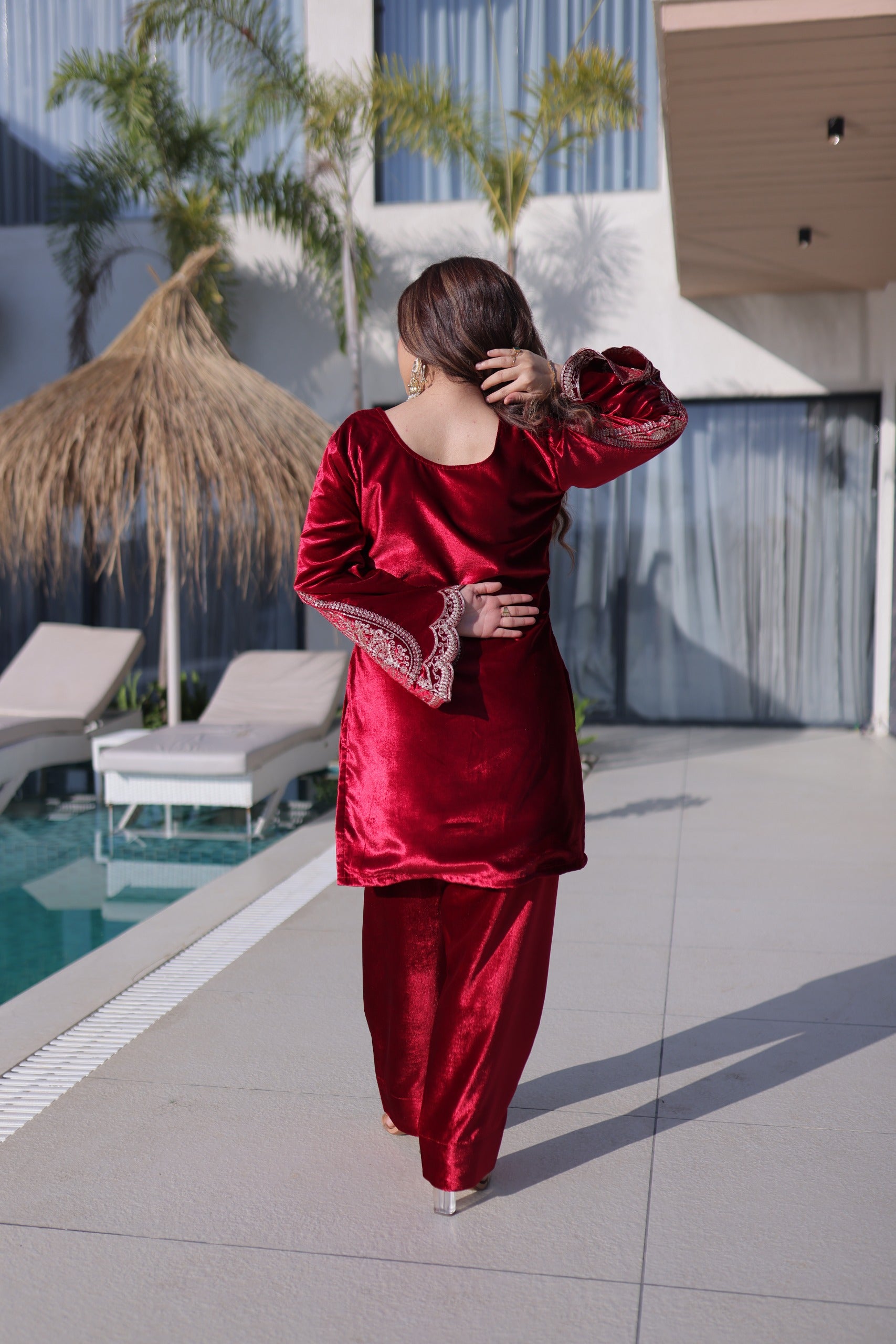 Women Velvet with Rich Zari Embroidered work kurta Set with dupatta