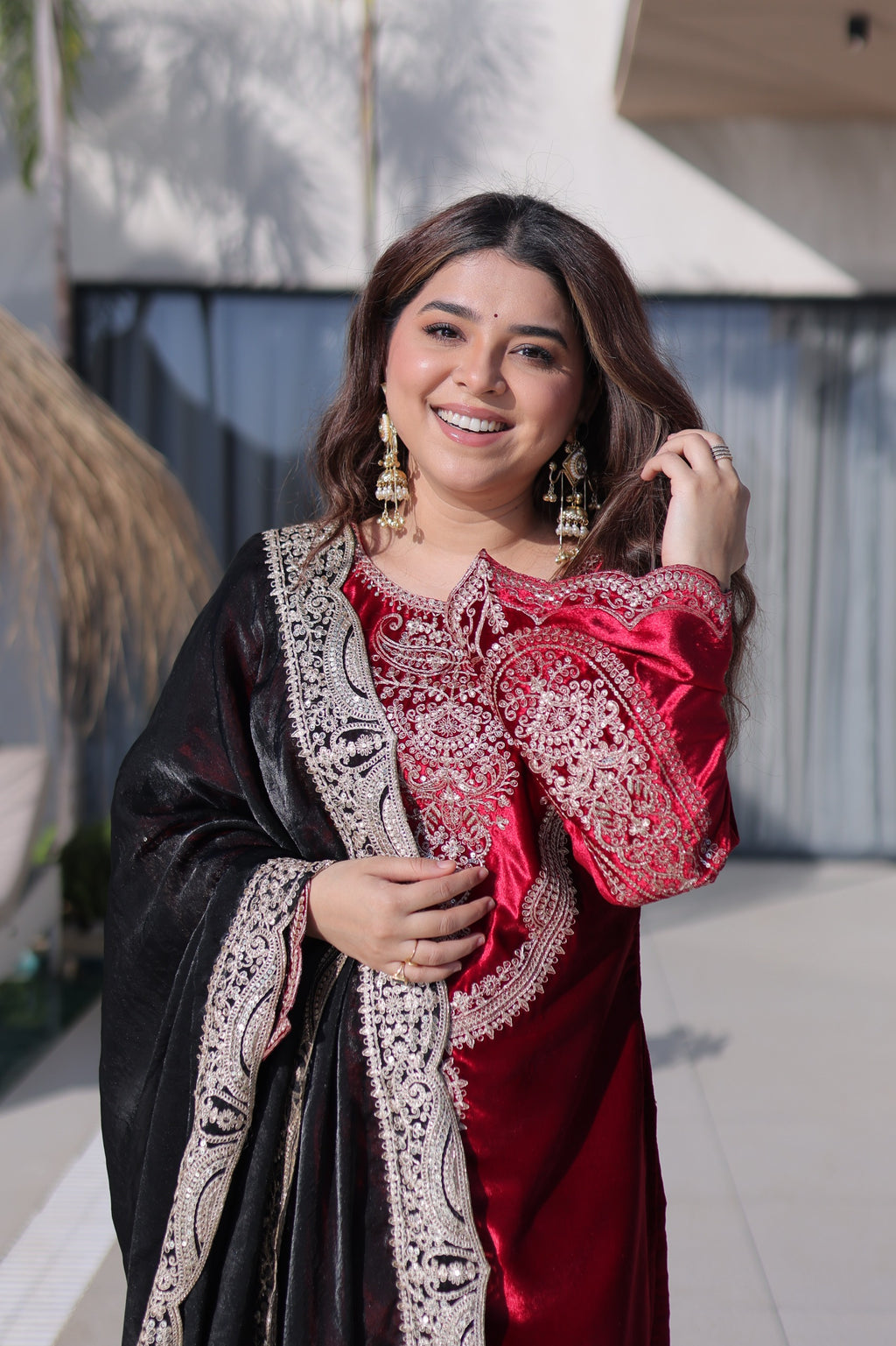 Women Velvet with Rich Zari Embroidered work kurta Set with dupatta