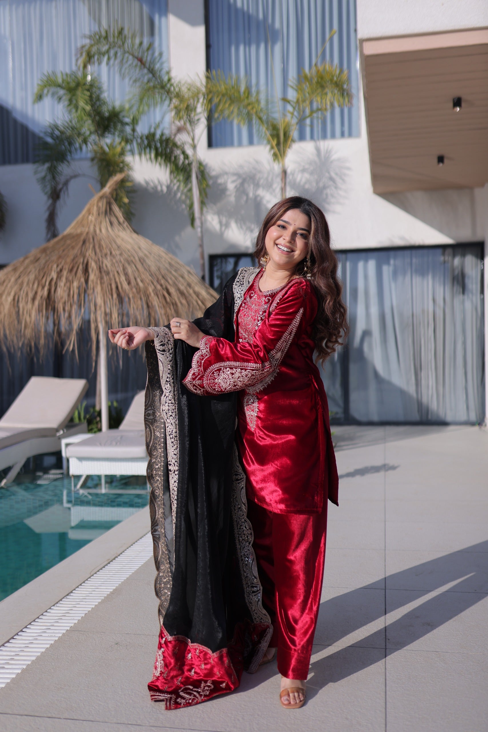 Women Velvet with Rich Zari Embroidered work kurta Set with dupatta