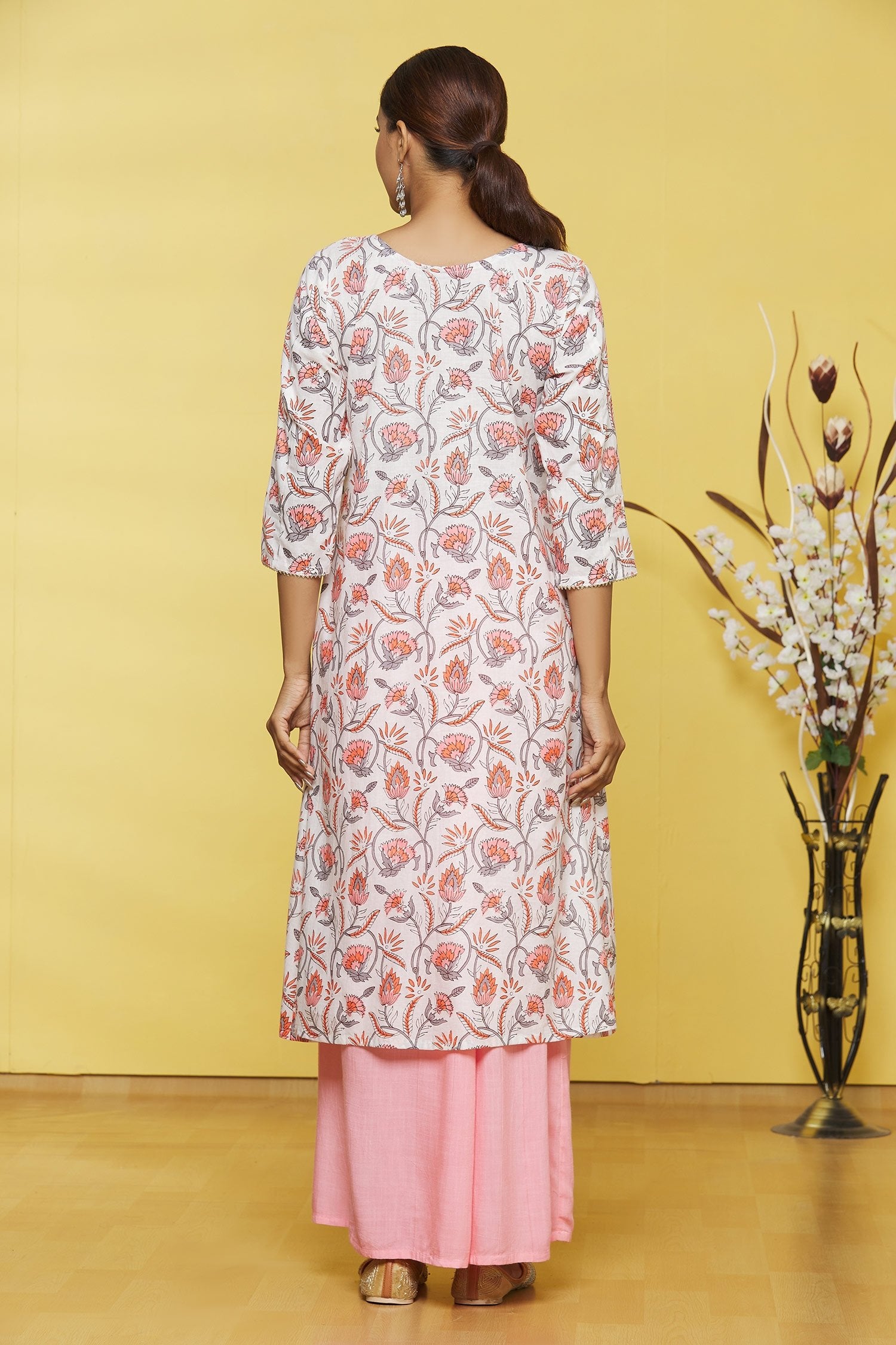 White Based Flower Printed Cotton Kurti with Palazzo Set