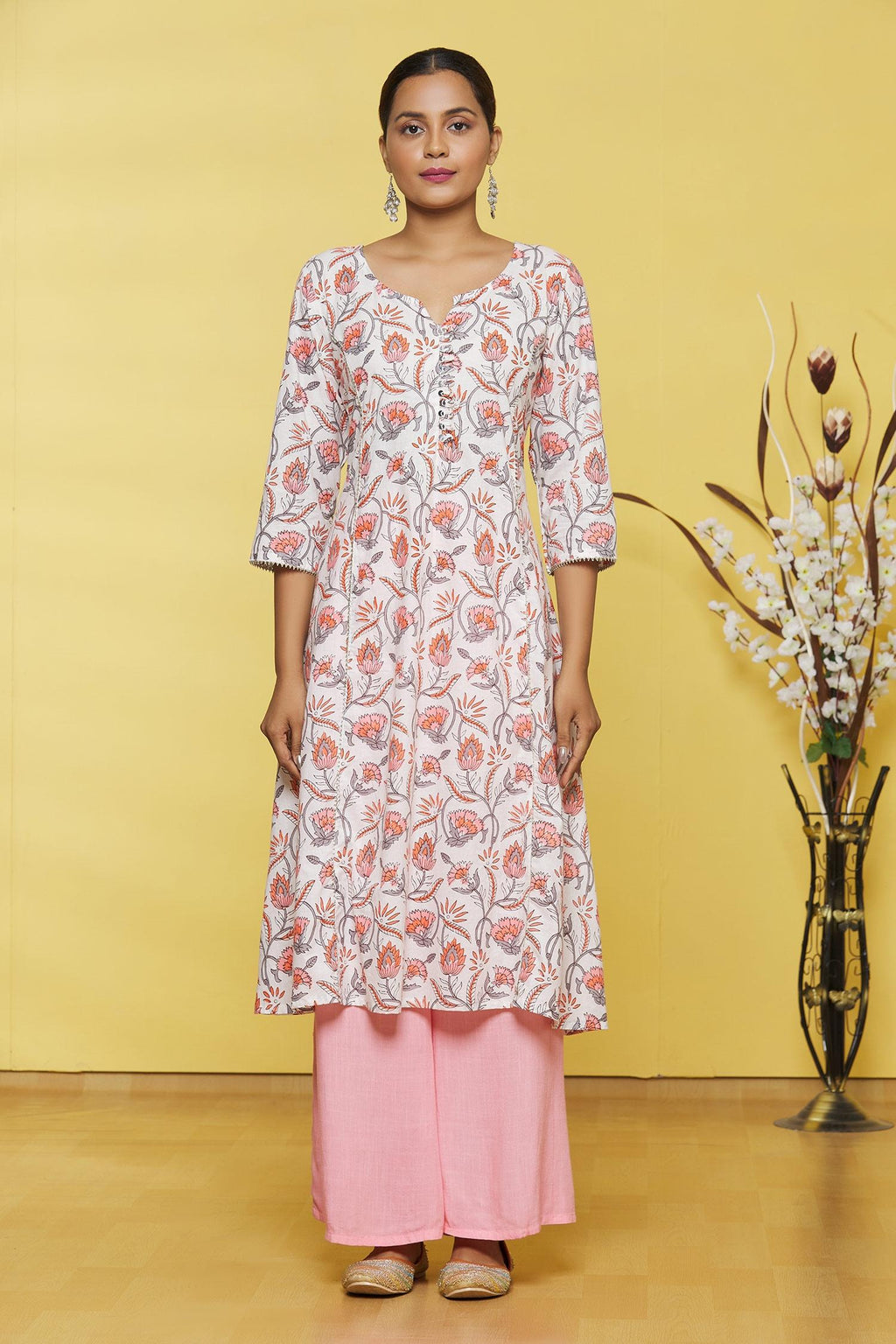 White Based Flower Printed Cotton Kurti with Palazzo Set