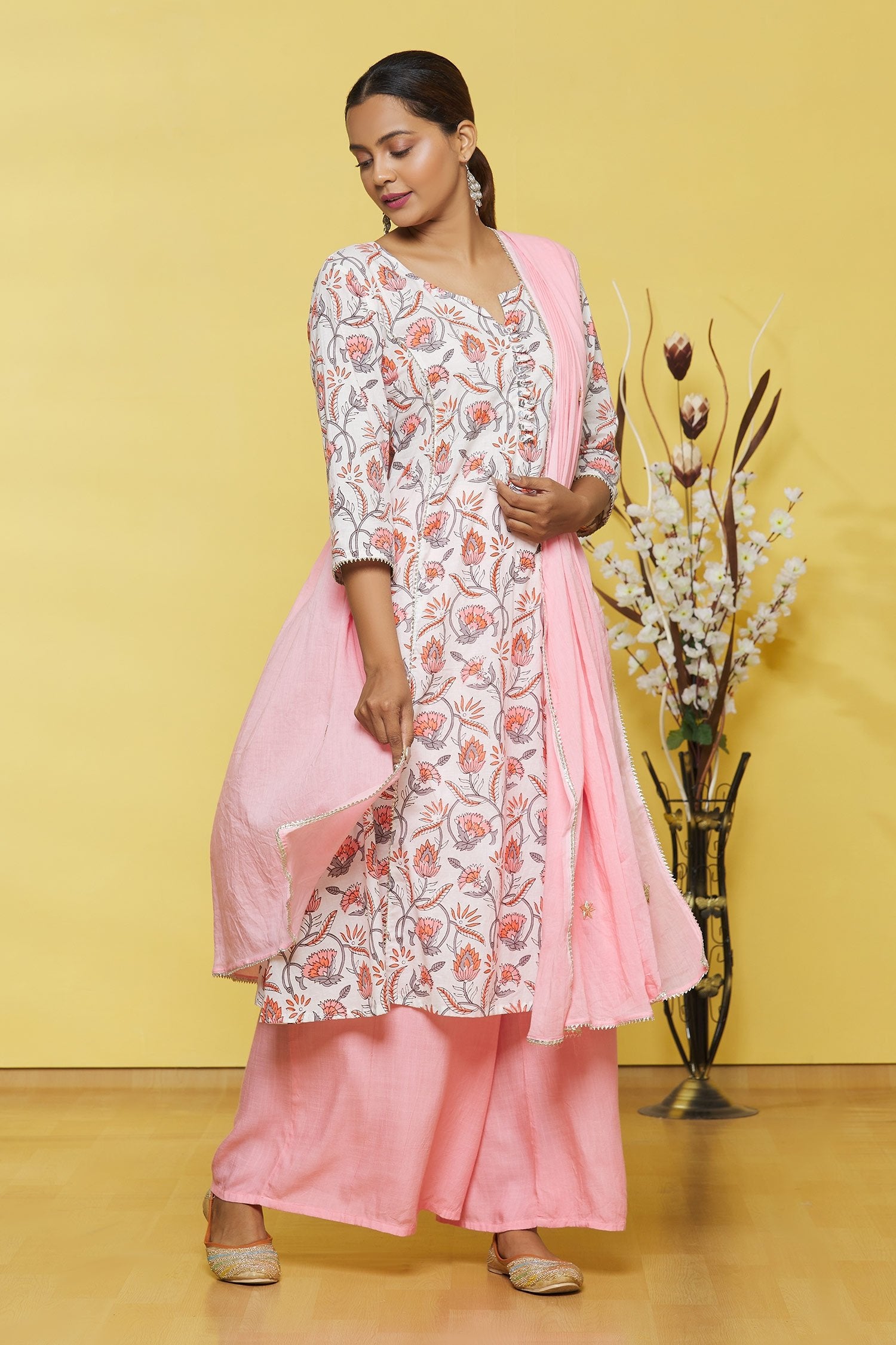 White Based Flower Printed Cotton Kurti with Palazzo Set