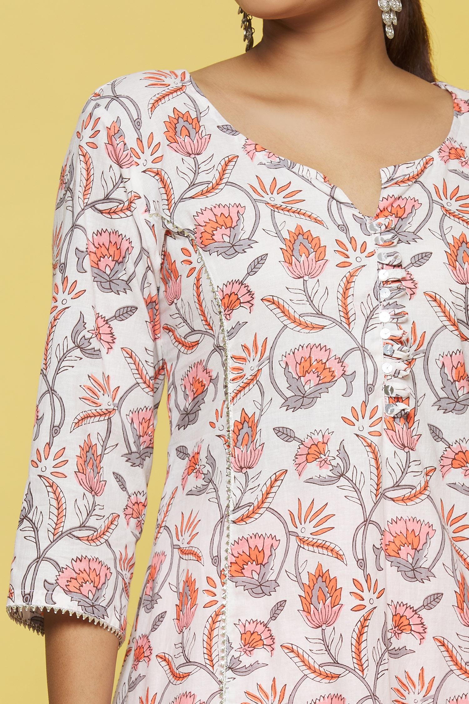 White Based Flower Printed Cotton Kurti with Palazzo Set