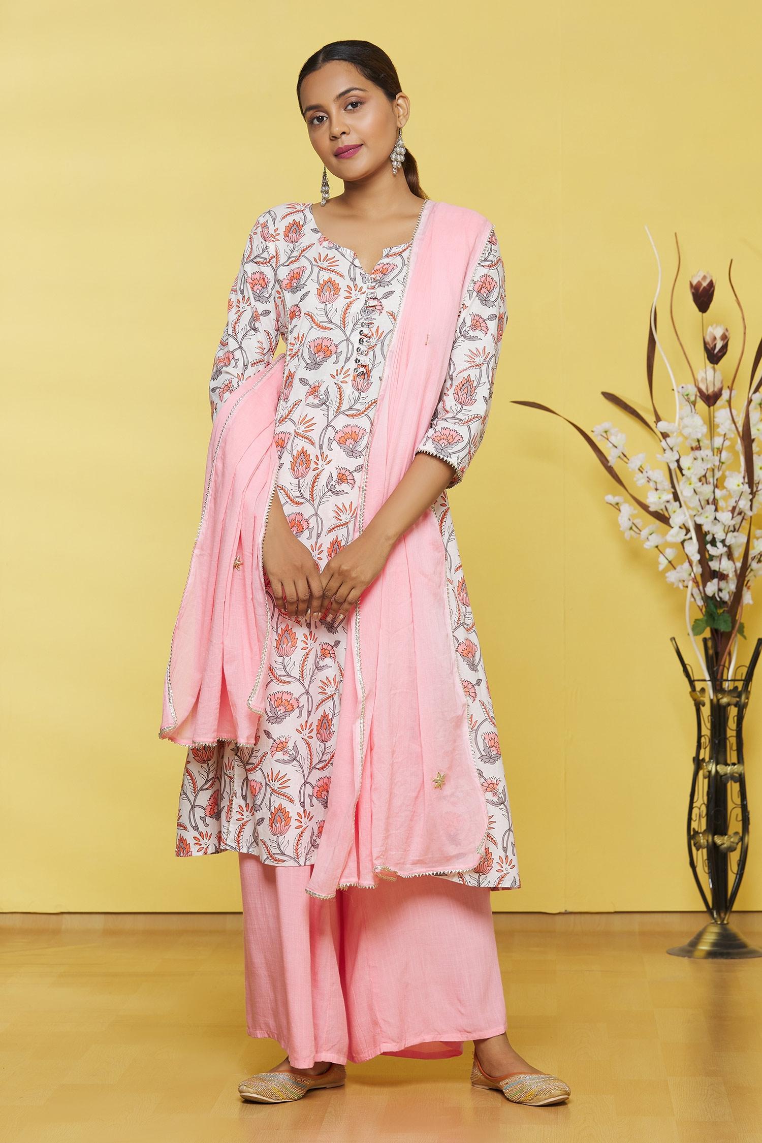 White Based Flower Printed Cotton Kurti with Palazzo Set
