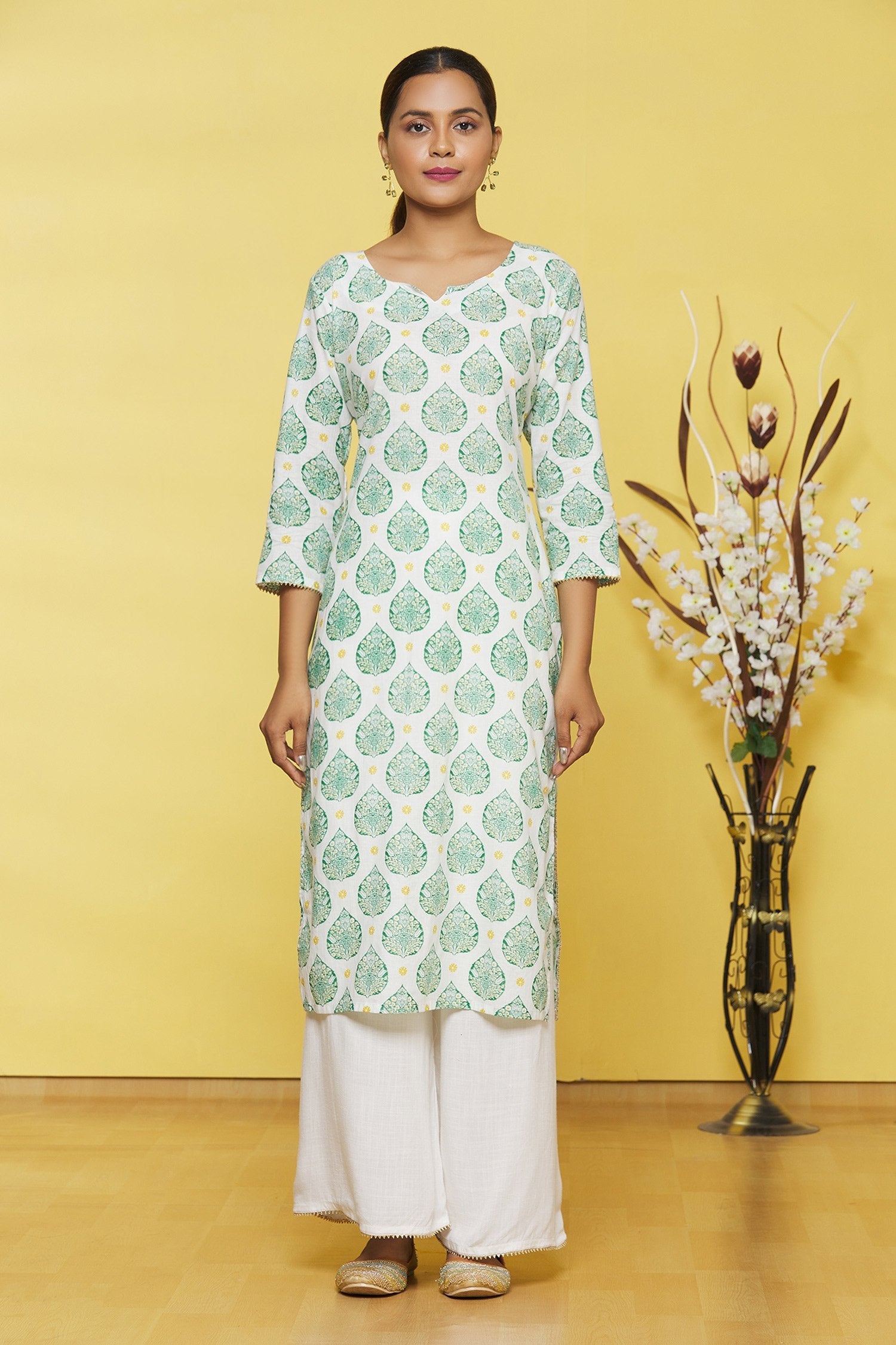 White Based Printed Cotton Kurti with Matching Palazzo Set