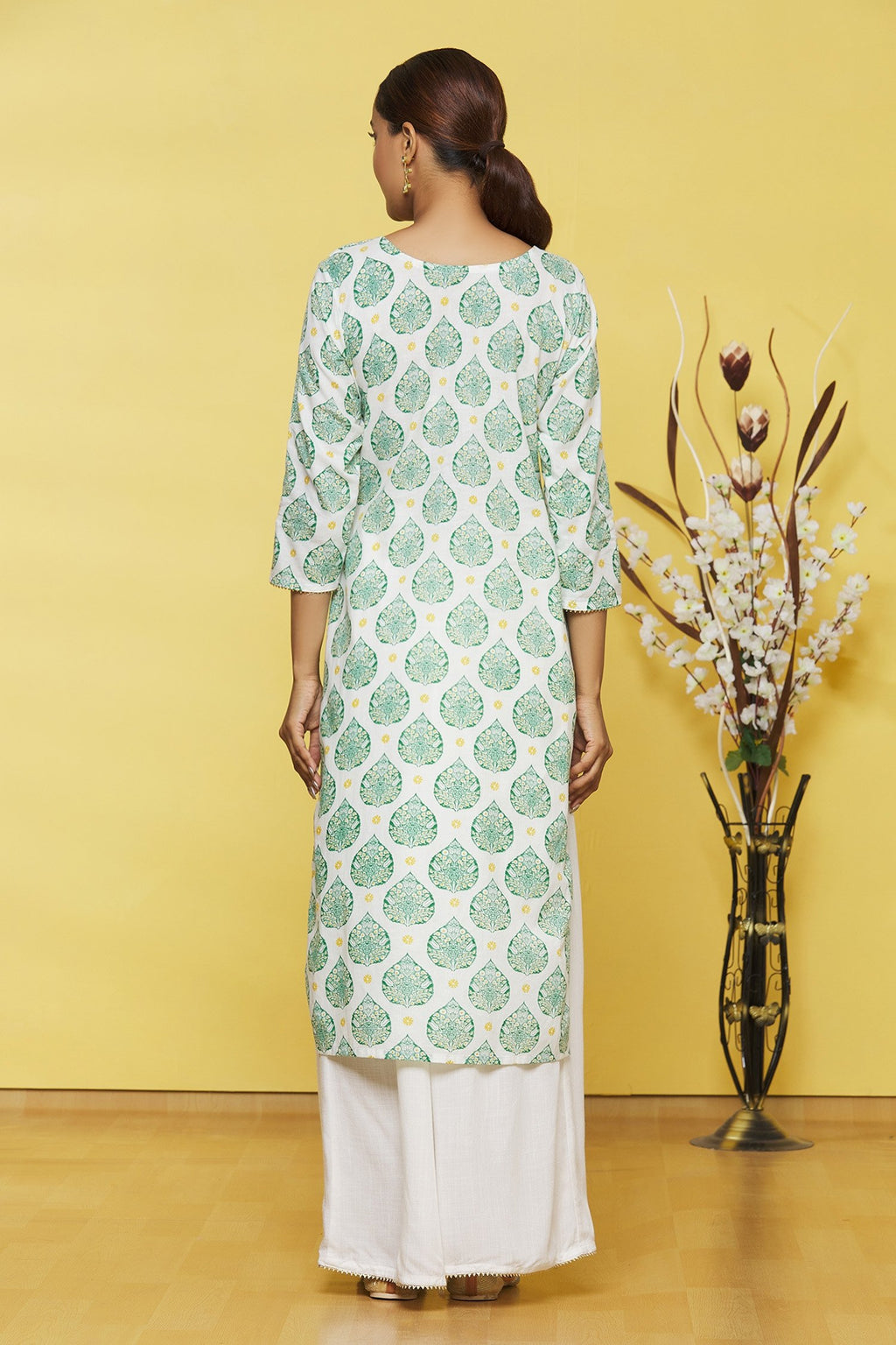 White Based Printed Cotton Kurti with Matching Palazzo Set