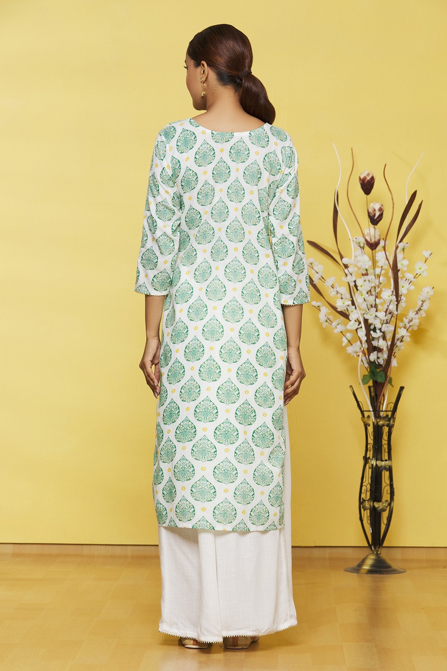 White Based Printed Cotton Kurti with Matching Palazzo Set