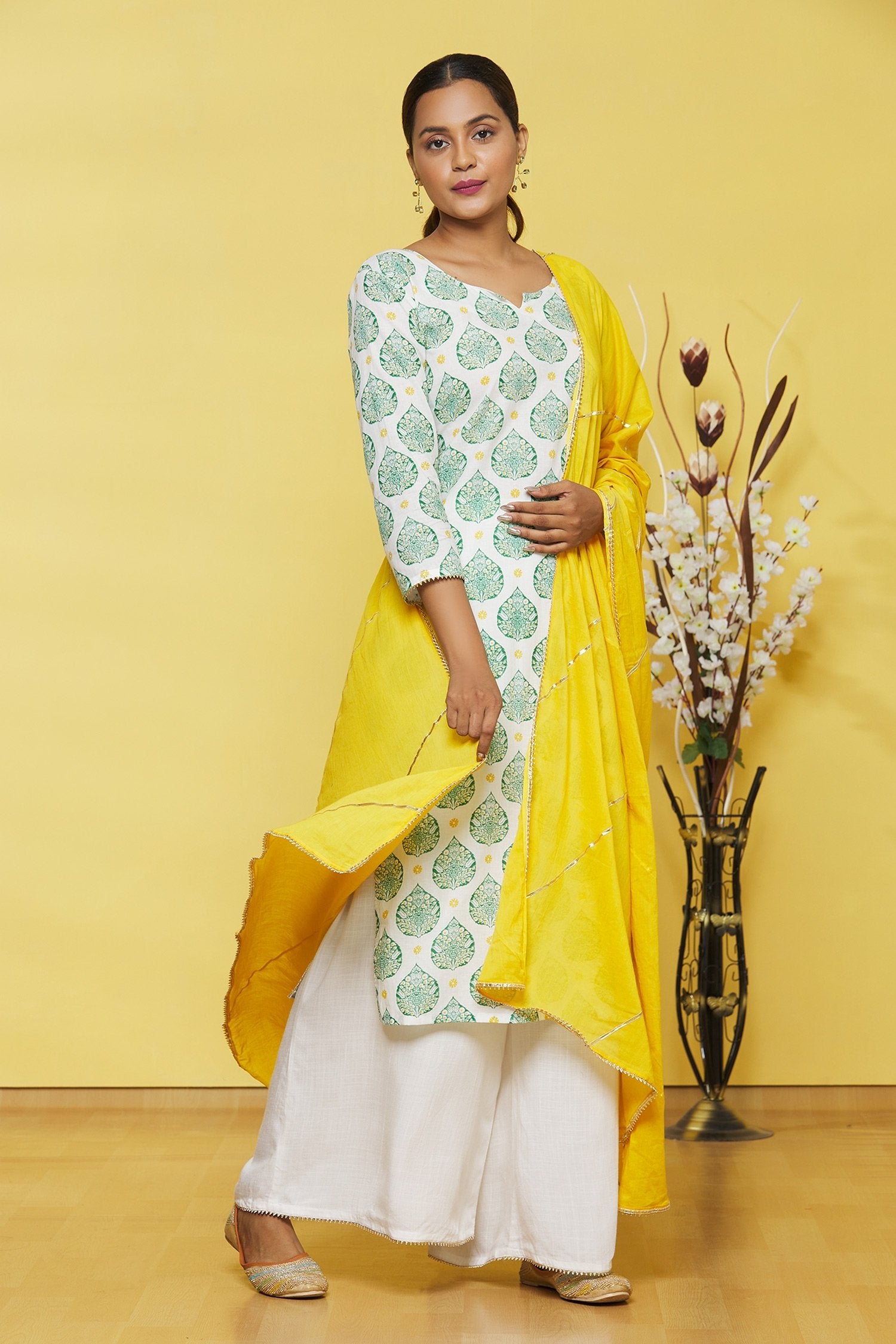 White Based Printed Cotton Kurti with Matching Palazzo Set