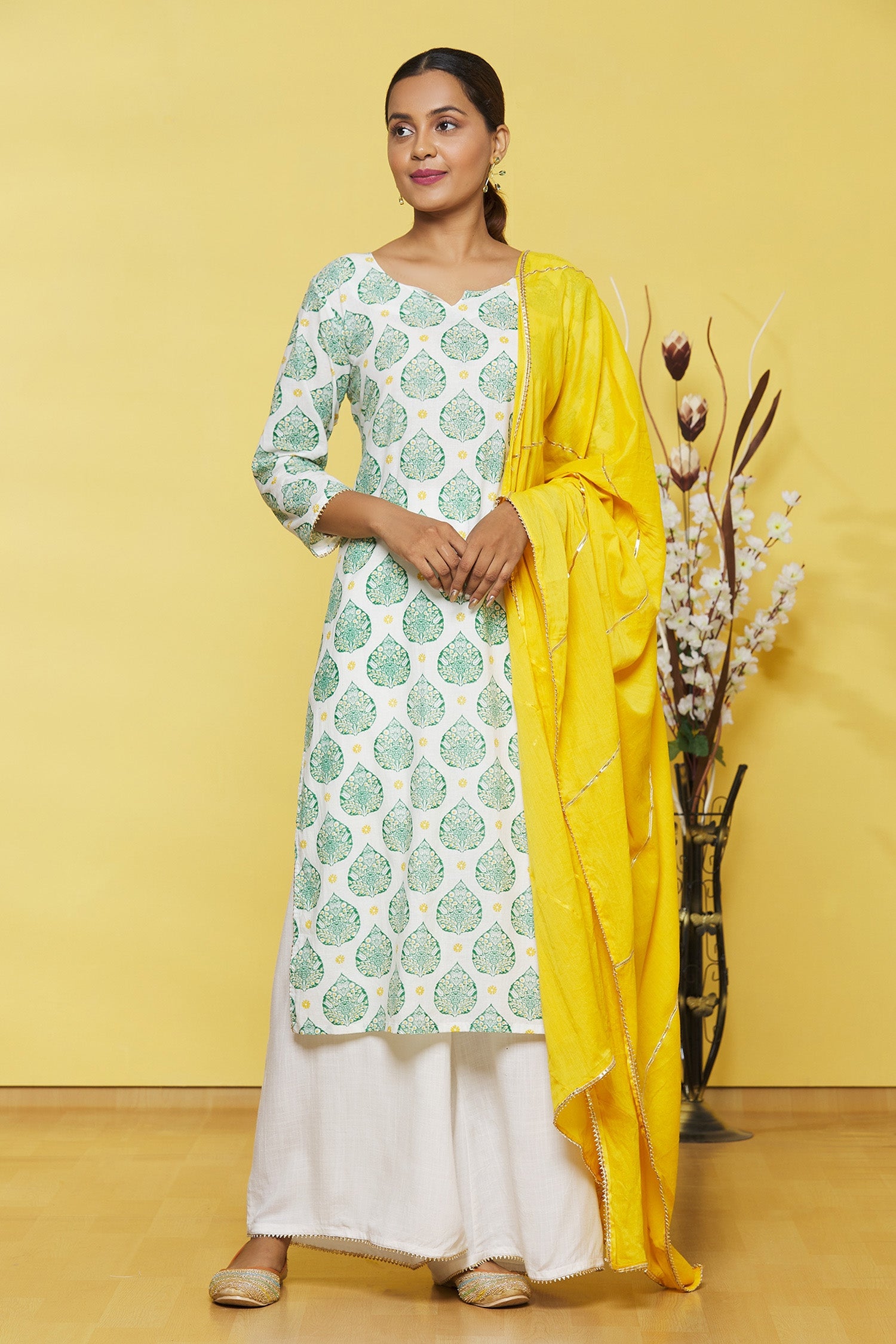 White Based Printed Cotton Kurti with Matching Palazzo Set