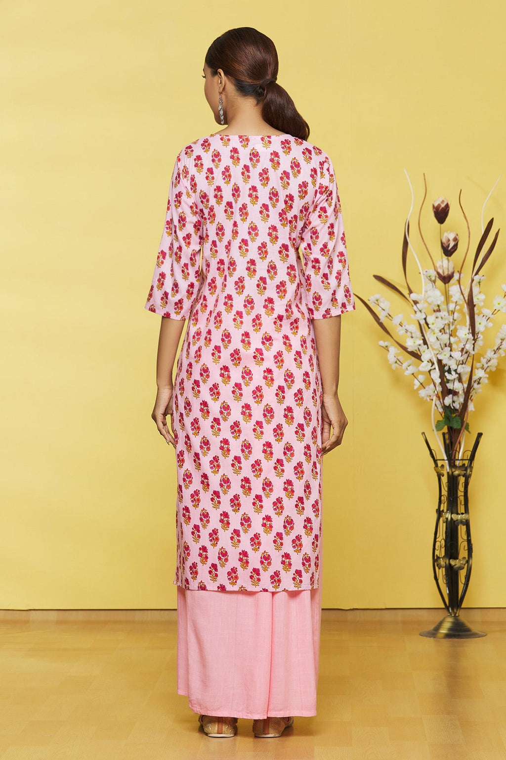 Pink Flower Printed Cotton Kurti