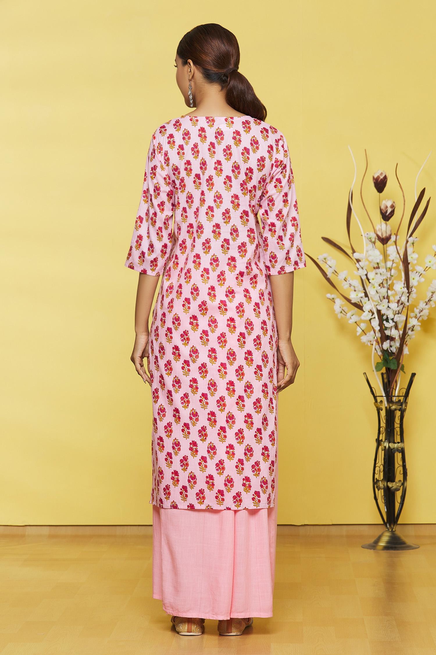 Pink Flower Printed Cotton Kurti