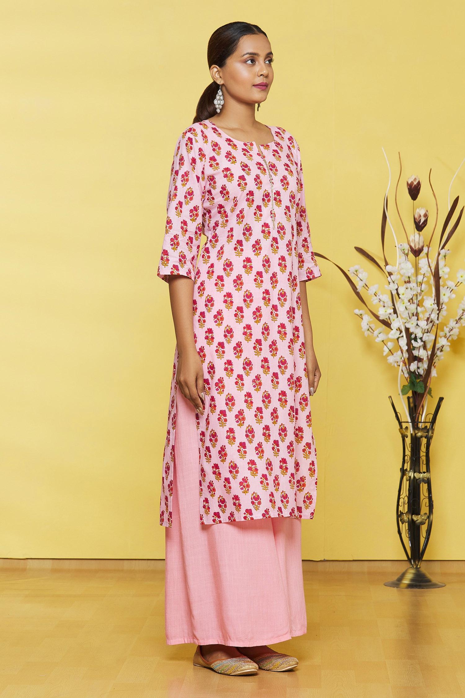 Pink Flower Printed Cotton Kurti