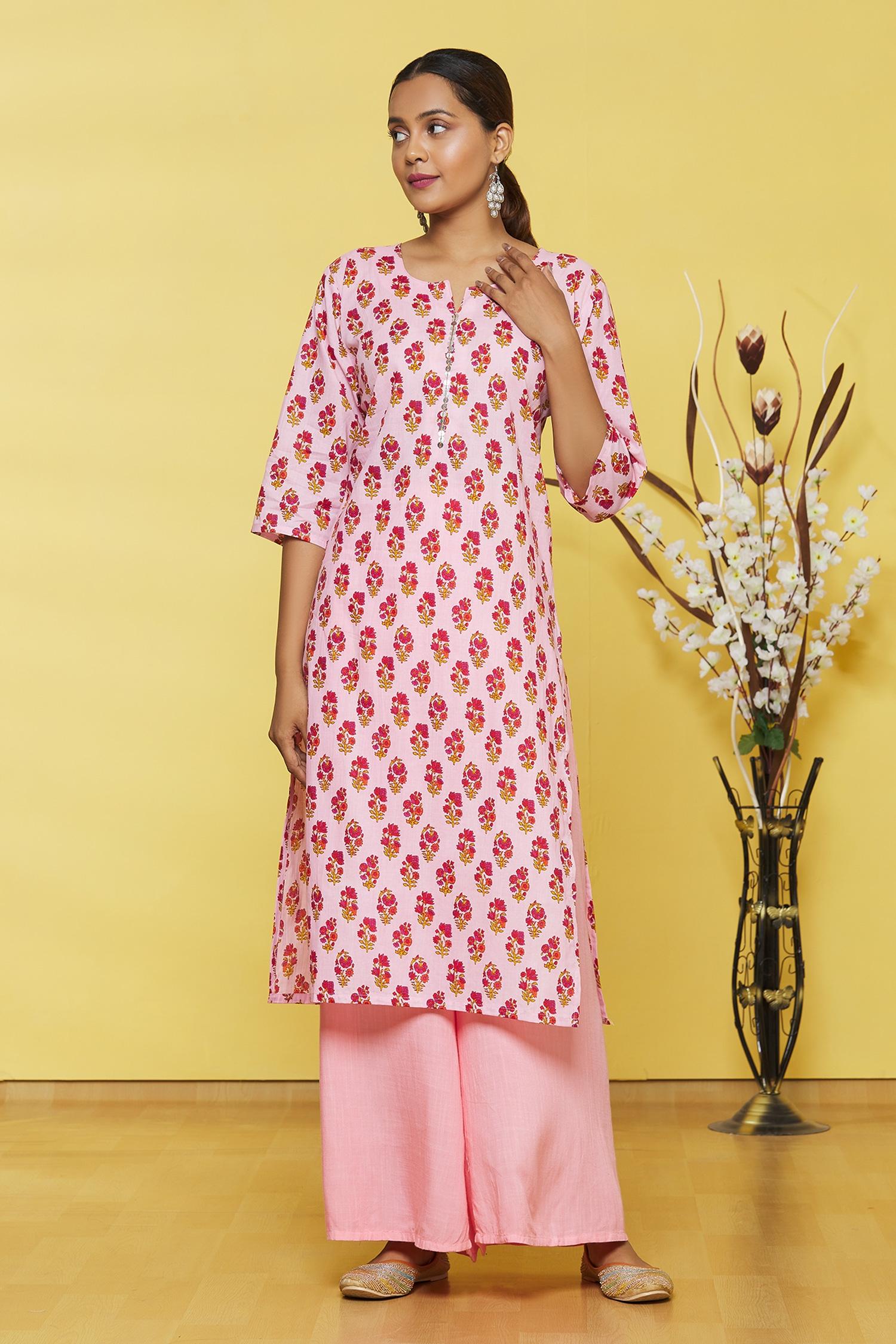 Pink Flower Printed Cotton Kurti