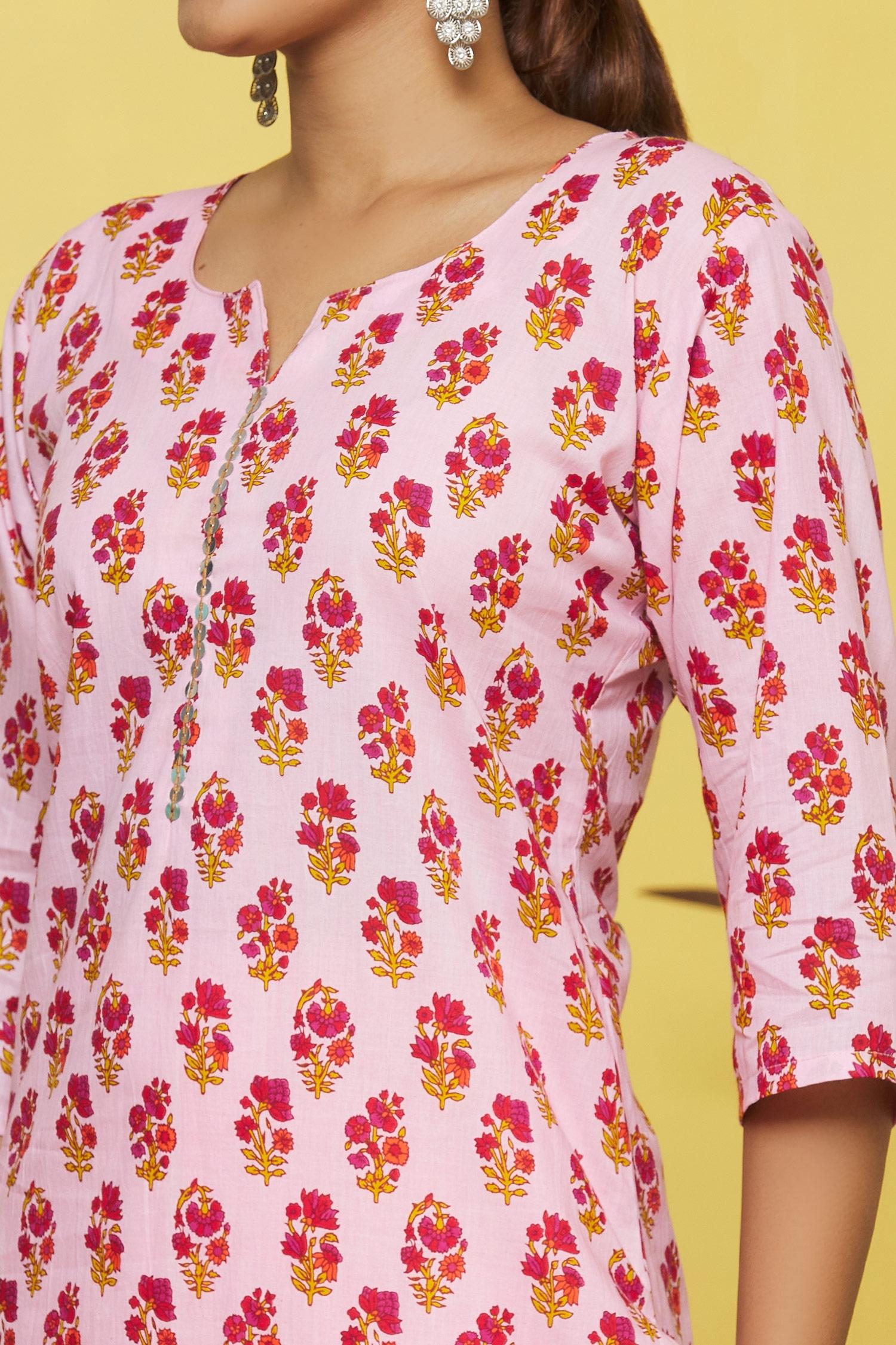 Pink Flower Printed Cotton Kurti