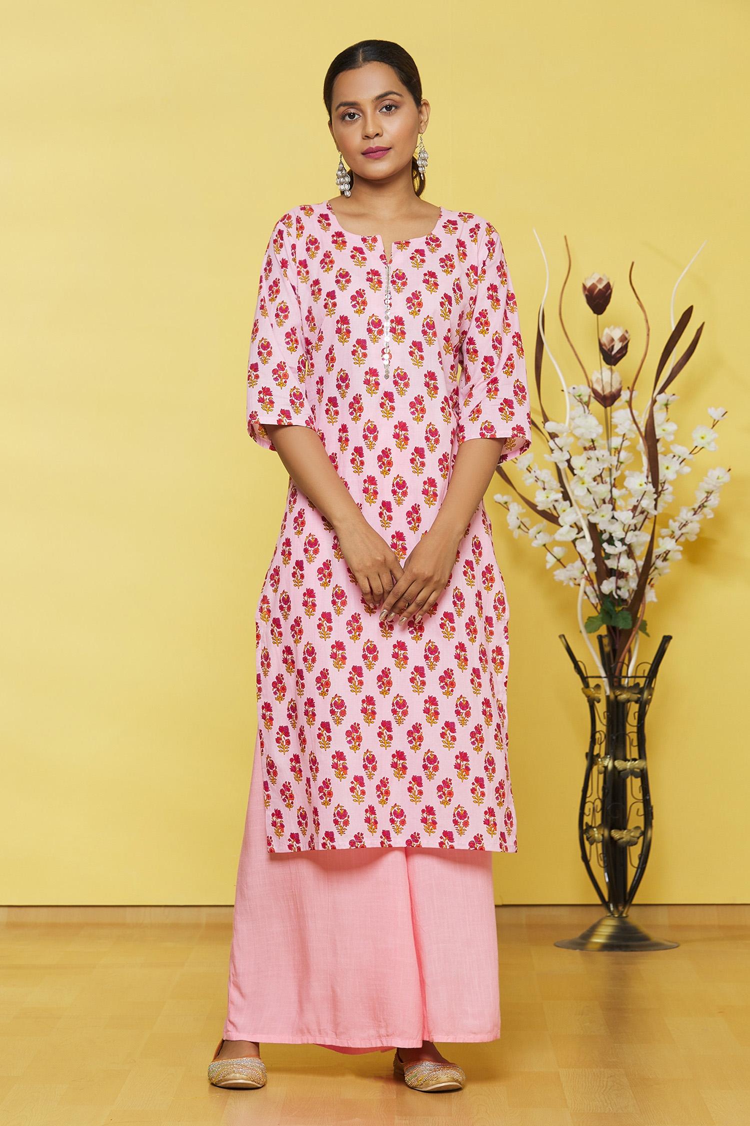 Pink Flower Printed Cotton Kurti