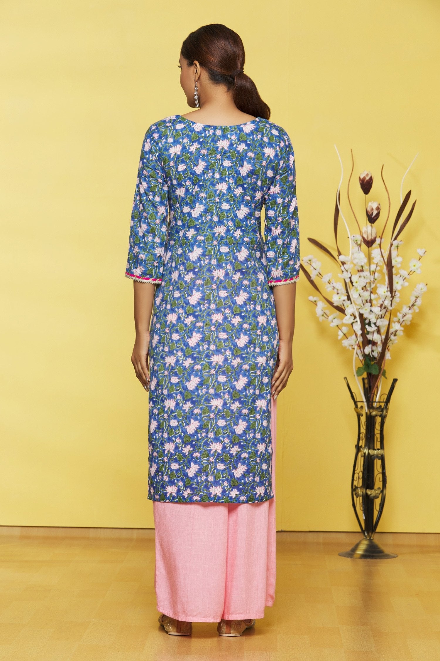 Blue Flower Printed Cotton Kurti