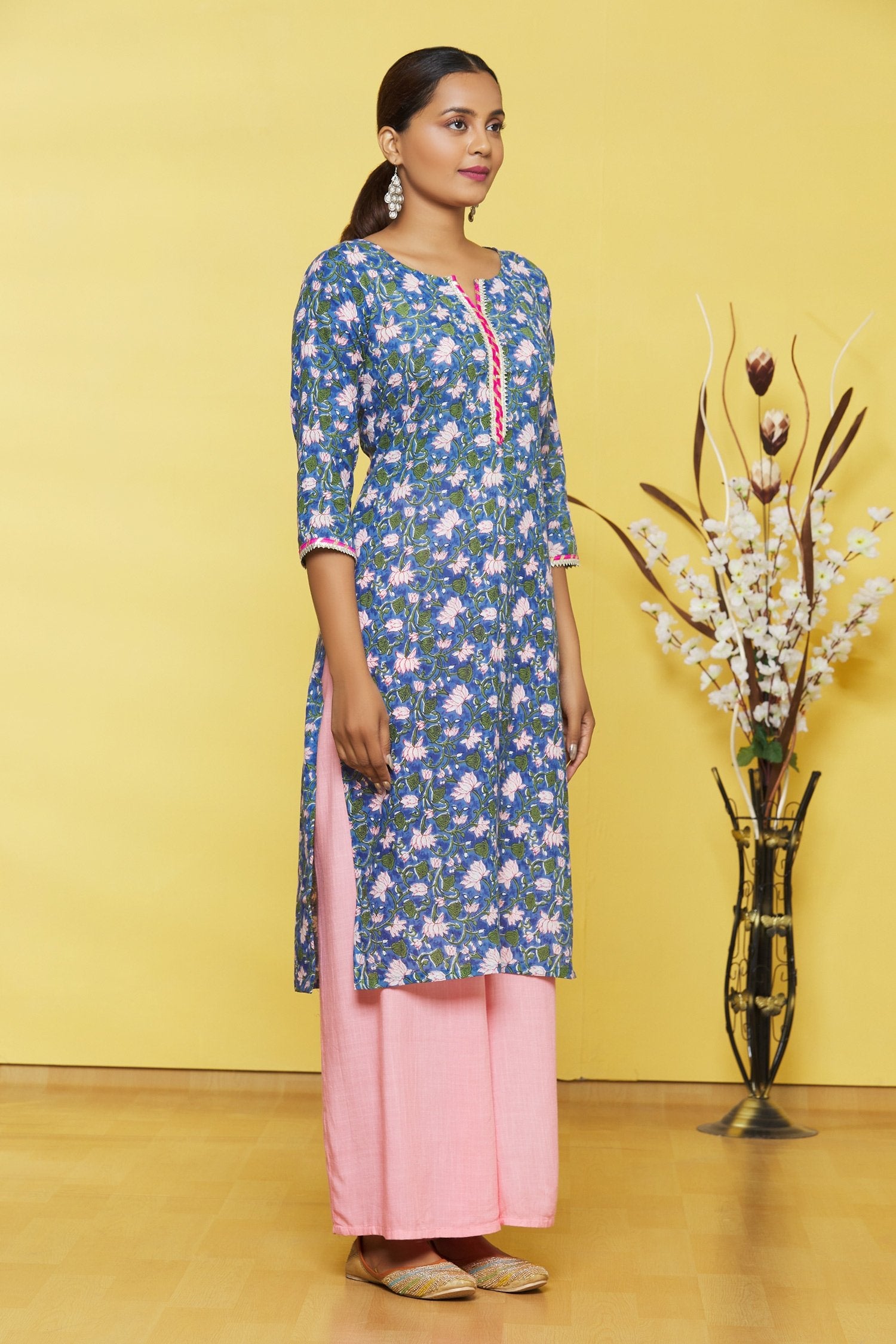 Blue Flower Printed Cotton Kurti