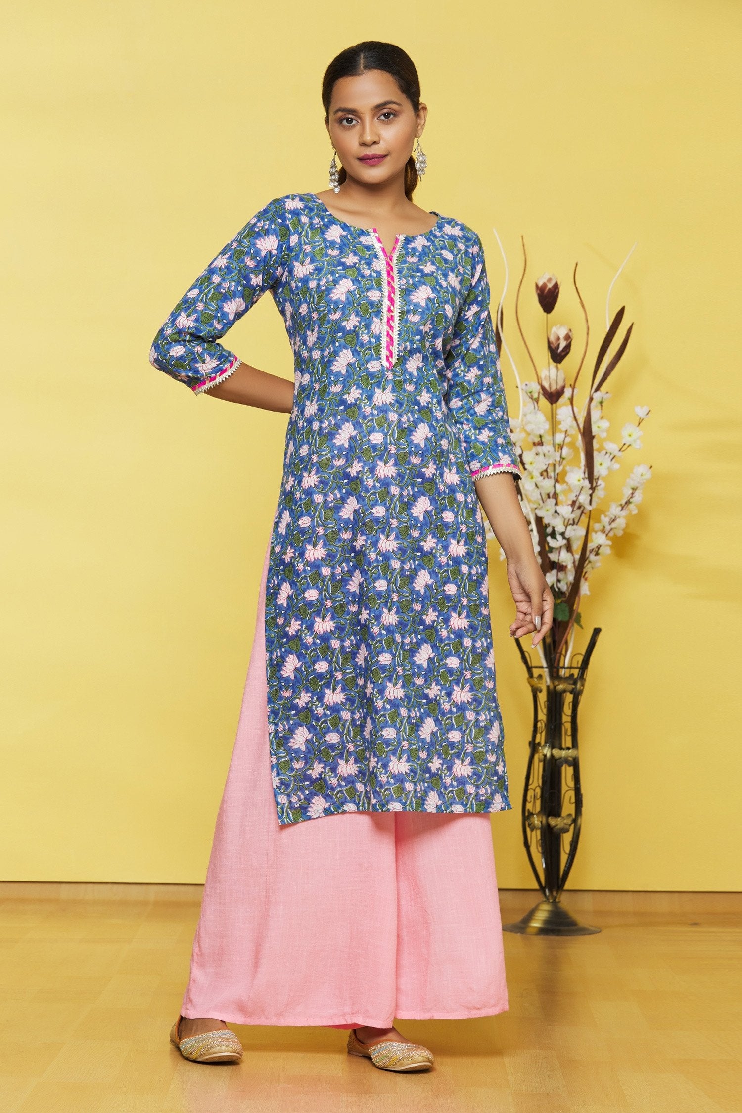 Blue Flower Printed Cotton Kurti