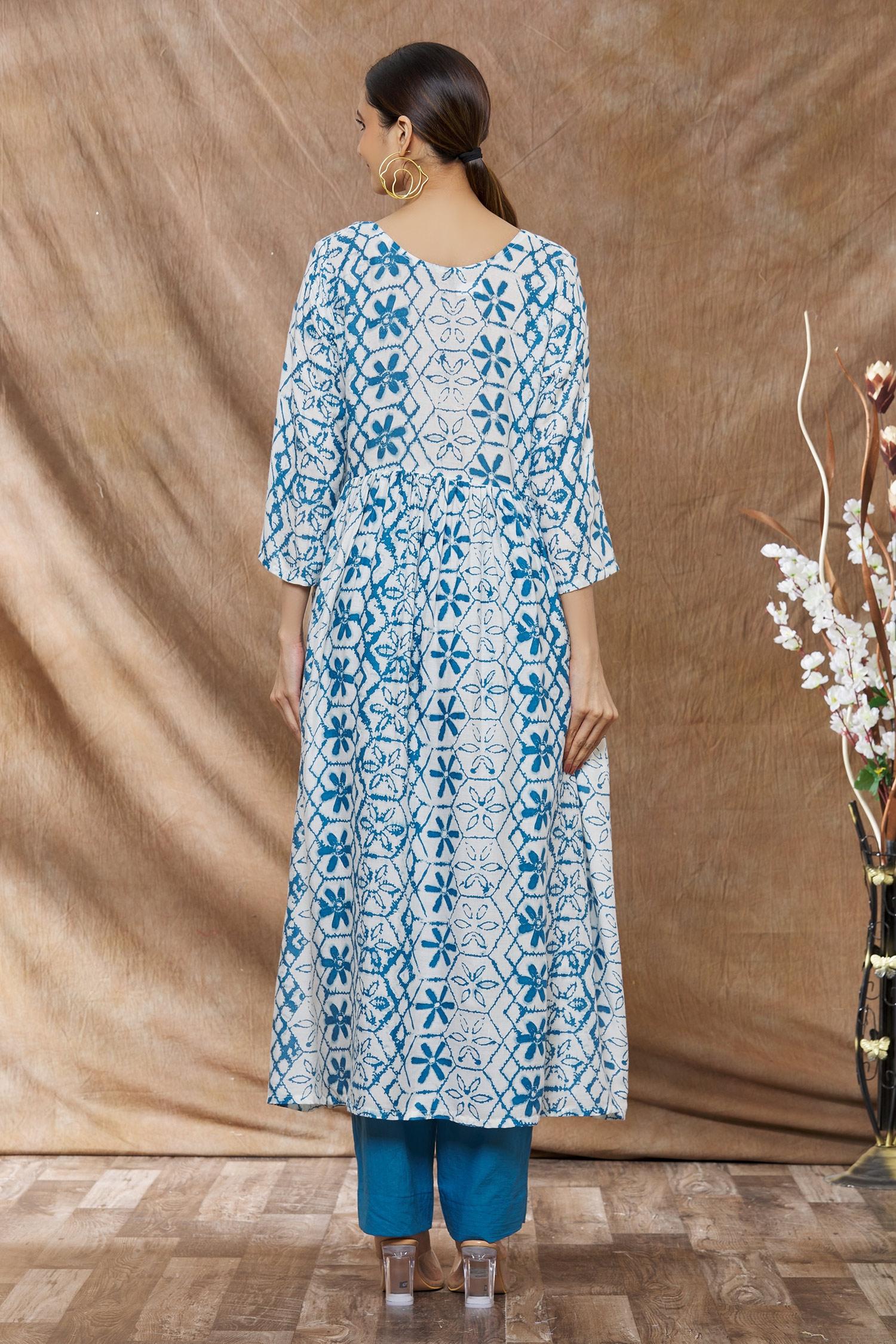 White Floral Printed Rayon Kurti with Contrast Palazzo Pant