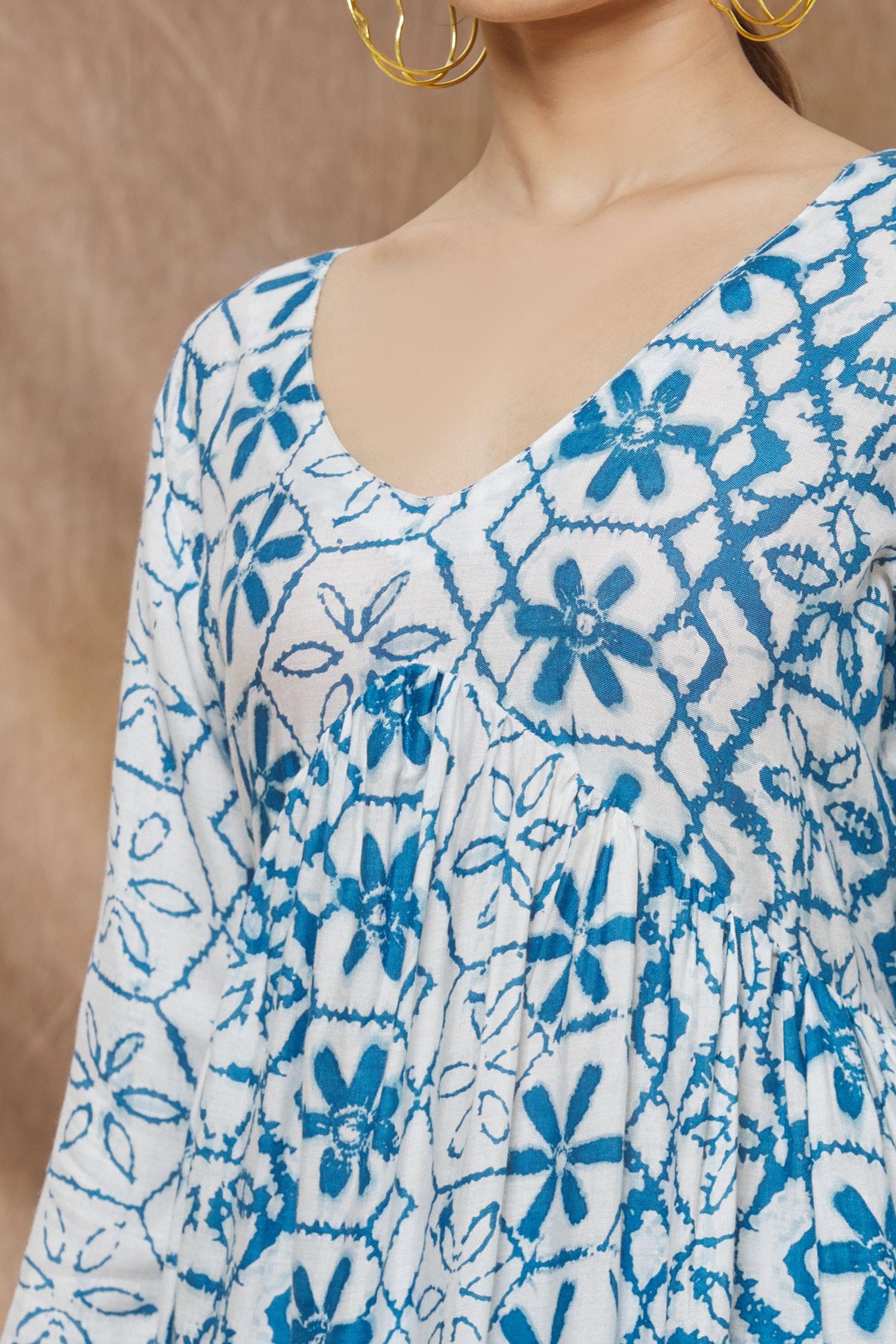 White Floral Printed Rayon Kurti with Contrast Palazzo Pant