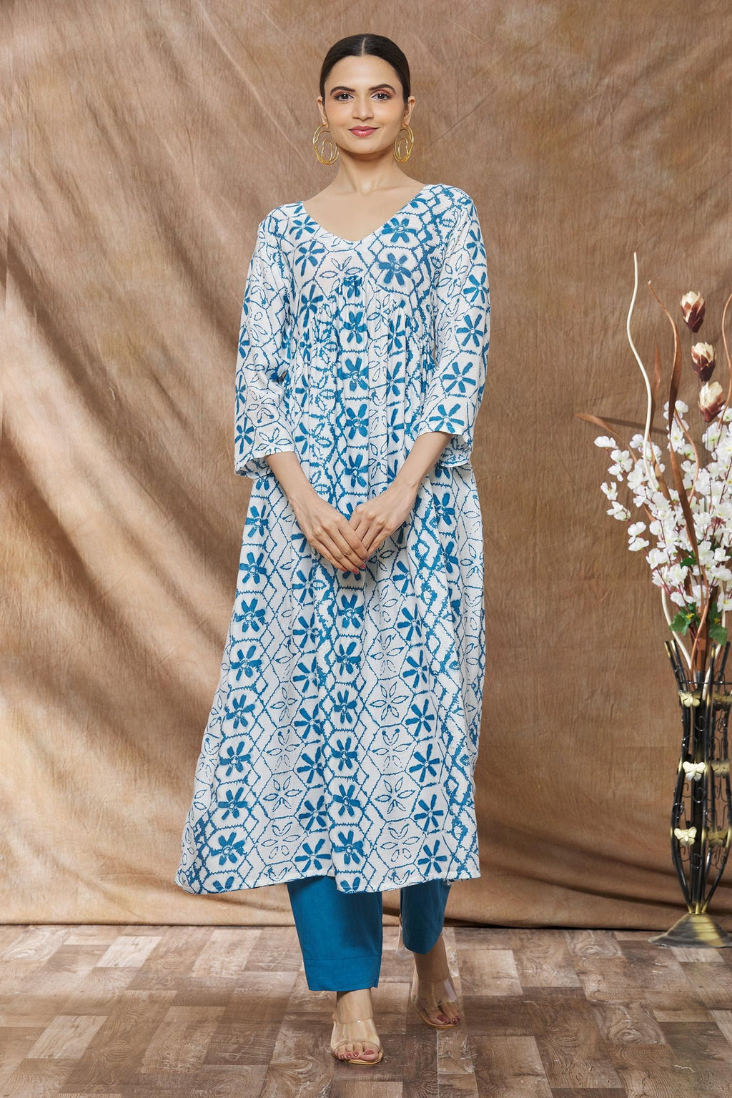 White Floral Printed Rayon Kurti with Contrast Palazzo Pant