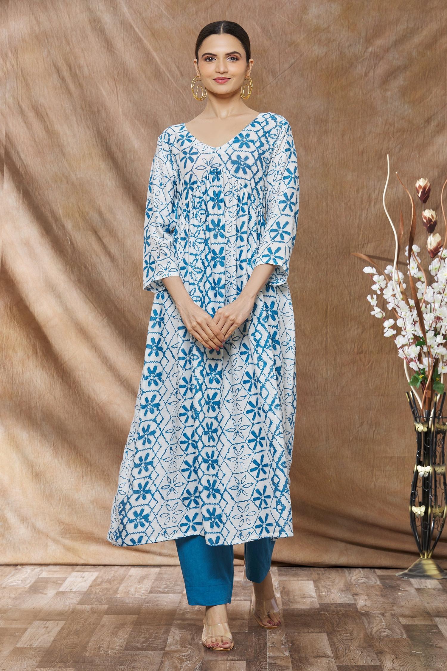 White Floral Printed Rayon Kurti with Contrast Palazzo Pant