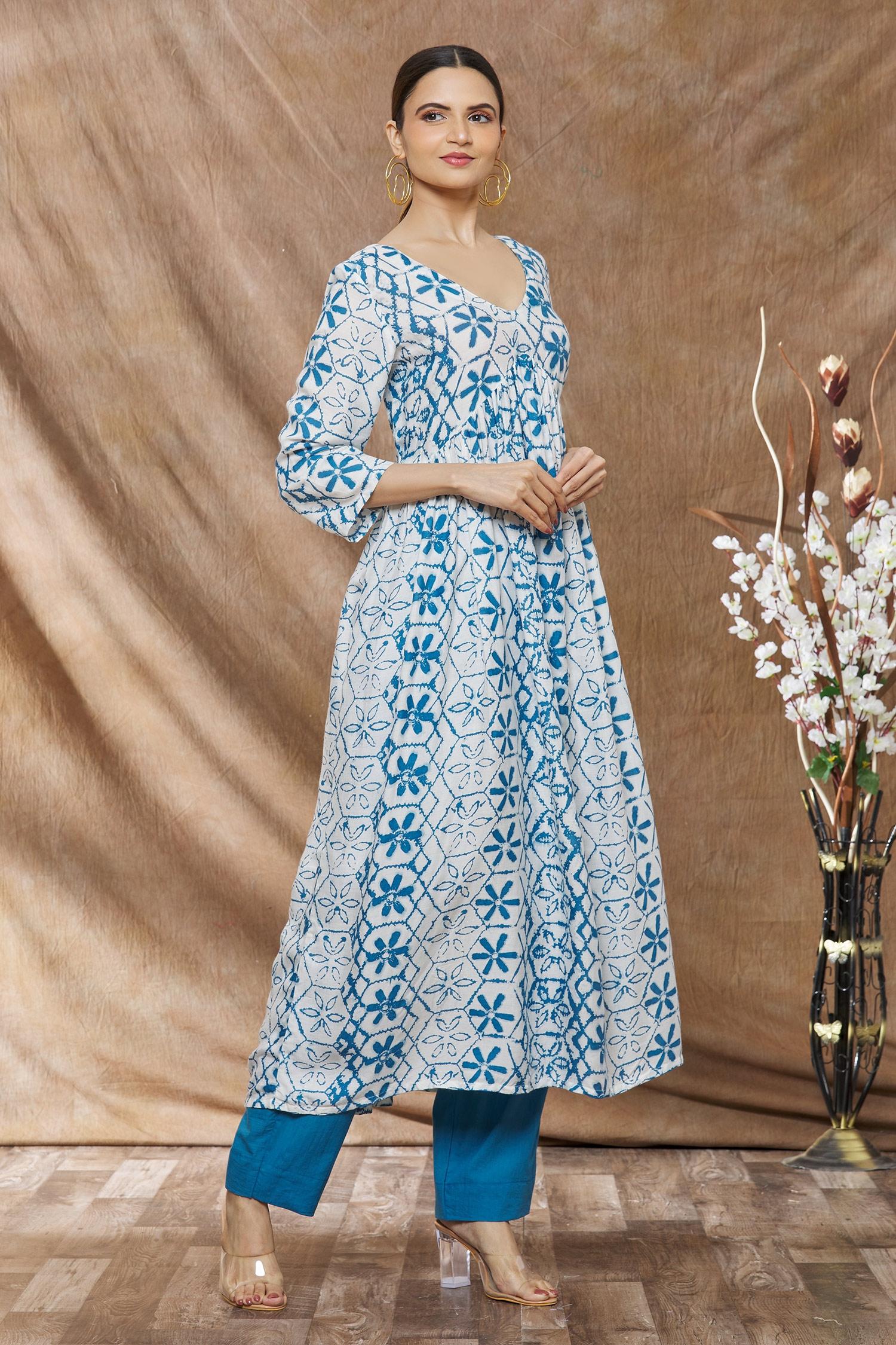 White Floral Printed Rayon Kurti with Contrast Palazzo Pant