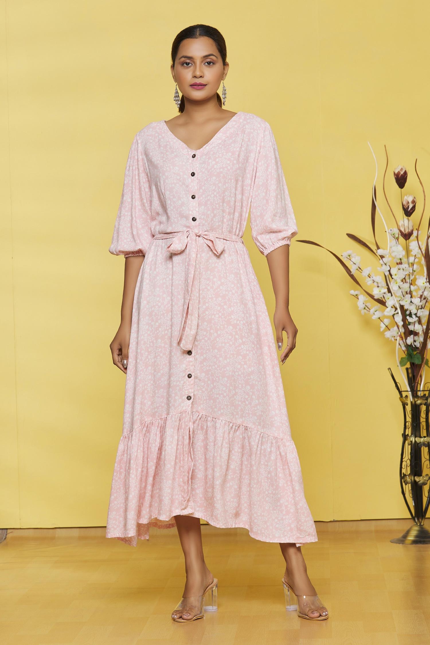 Light Pink Flower Printed Rayon Maxi Dress