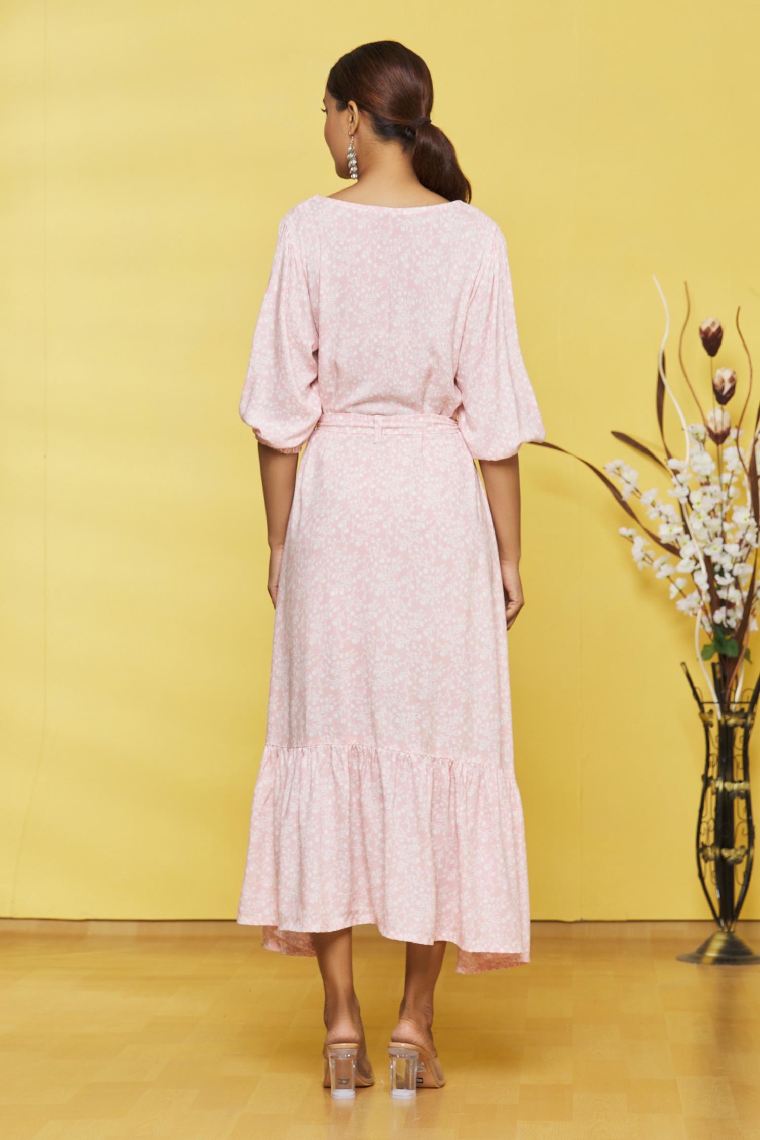 Light Pink Flower Printed Rayon Maxi Dress