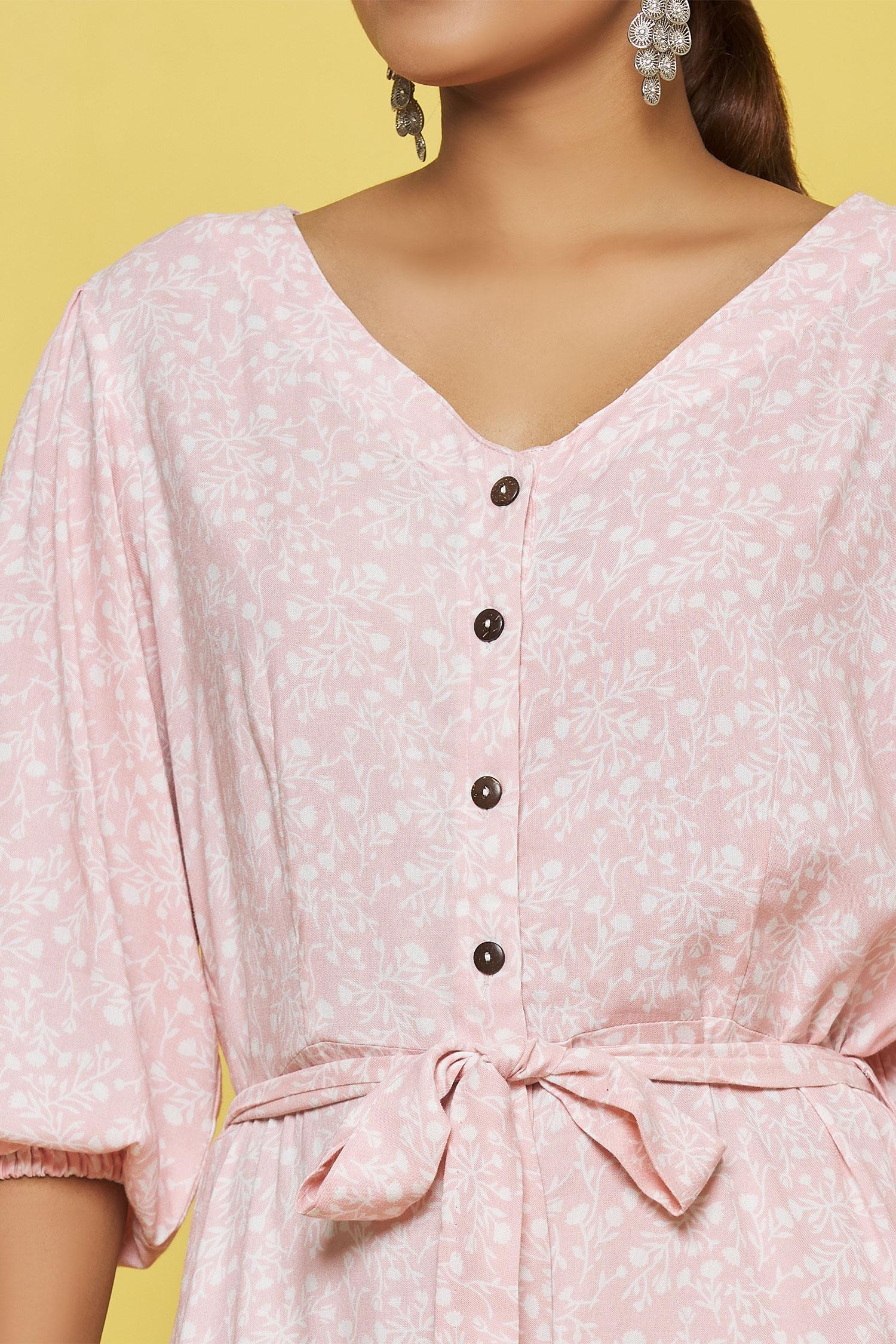 Light Pink Flower Printed Rayon Maxi Dress