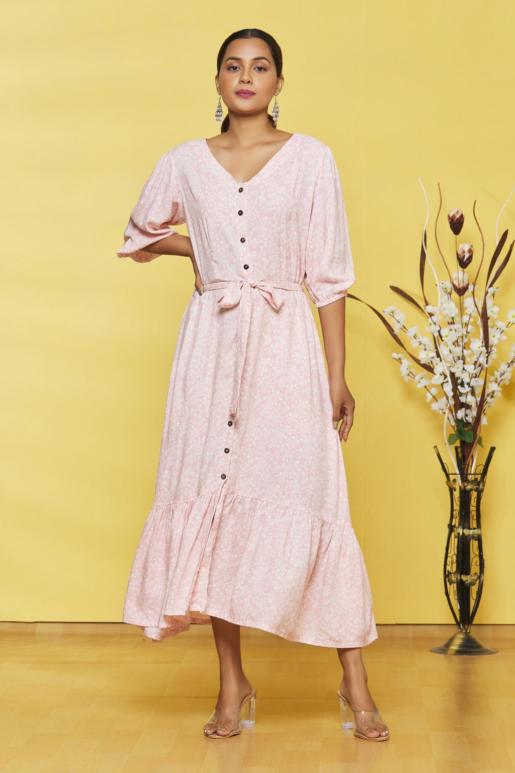 Light Pink Flower Printed Rayon Maxi Dress
