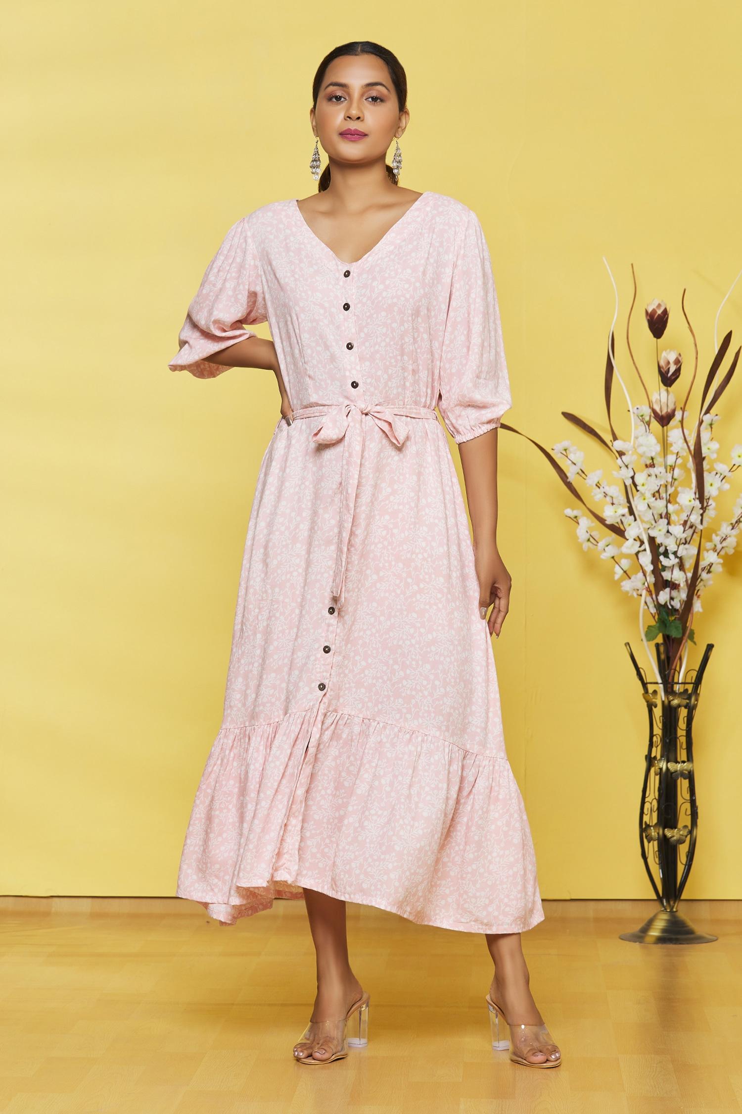 Light Pink Flower Printed Rayon Maxi Dress