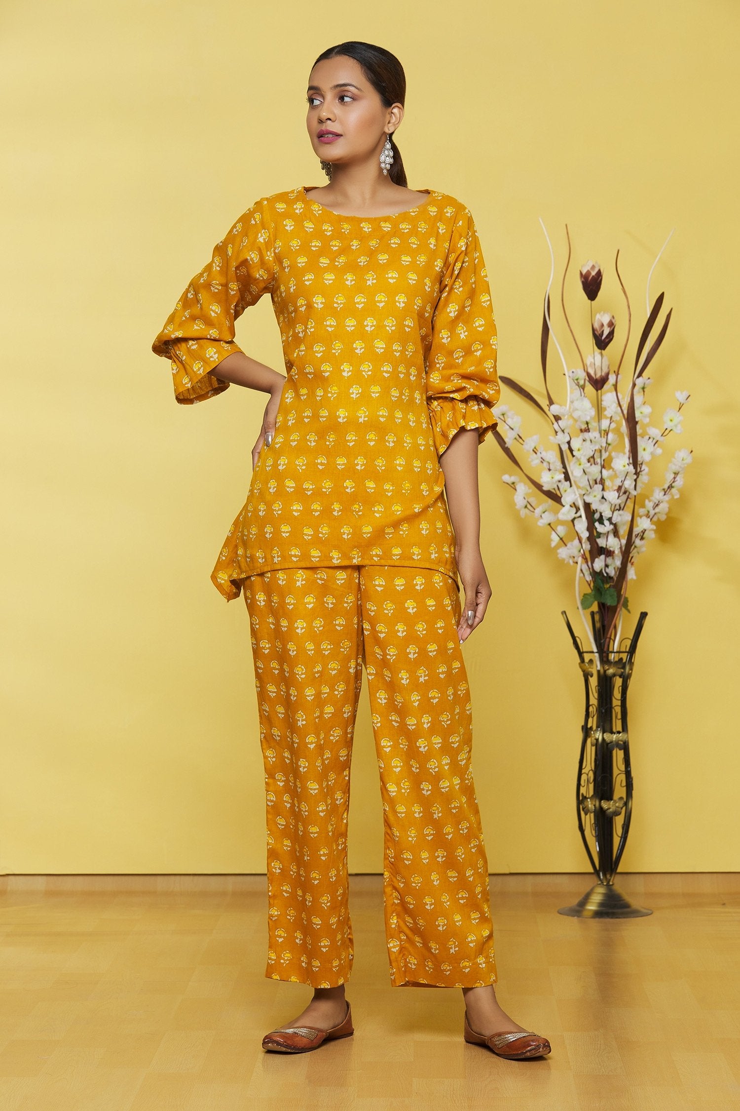 Mustard Flower Printed Cotton Top with Palazzo Pant