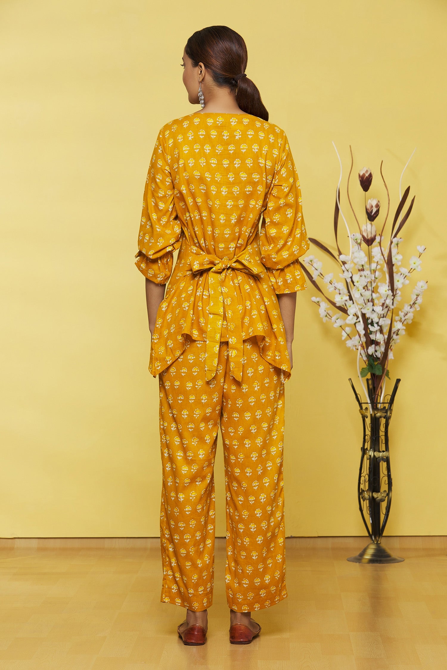 Mustard Flower Printed Cotton Top with Palazzo Pant