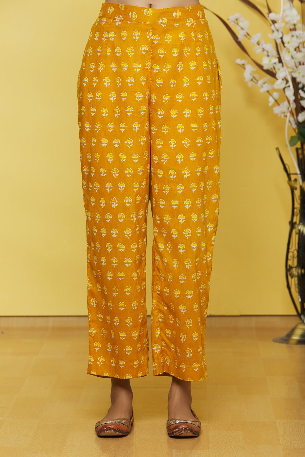 Mustard Flower Printed Cotton Top with Palazzo Pant