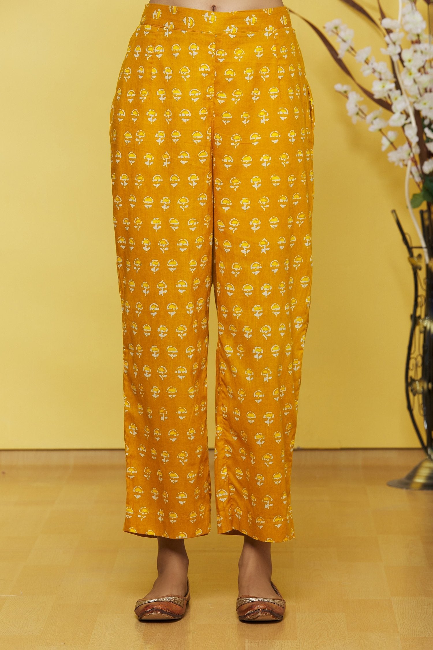 Mustard Flower Printed Cotton Top with Palazzo Pant
