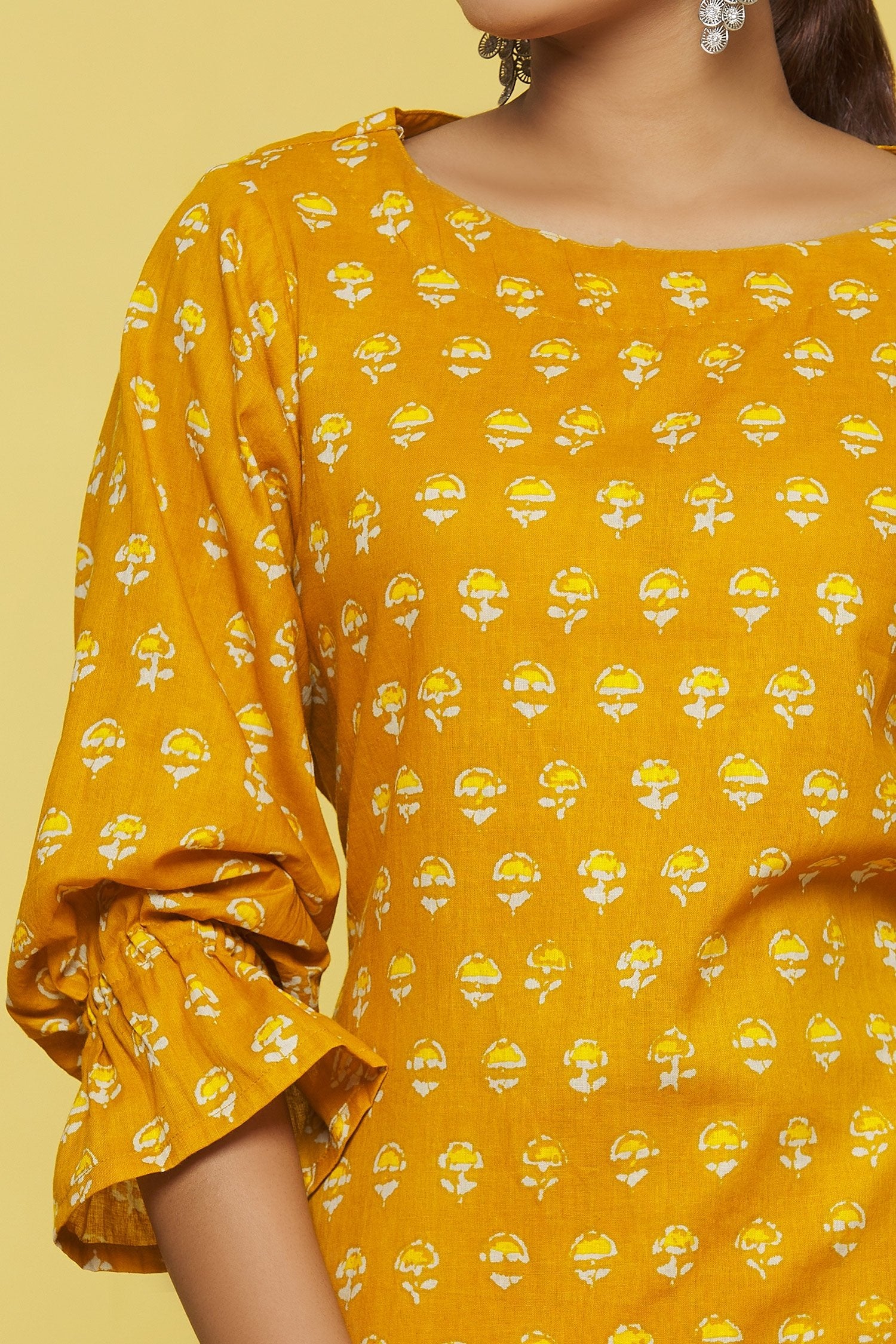 Mustard Flower Printed Cotton Top with Palazzo Pant