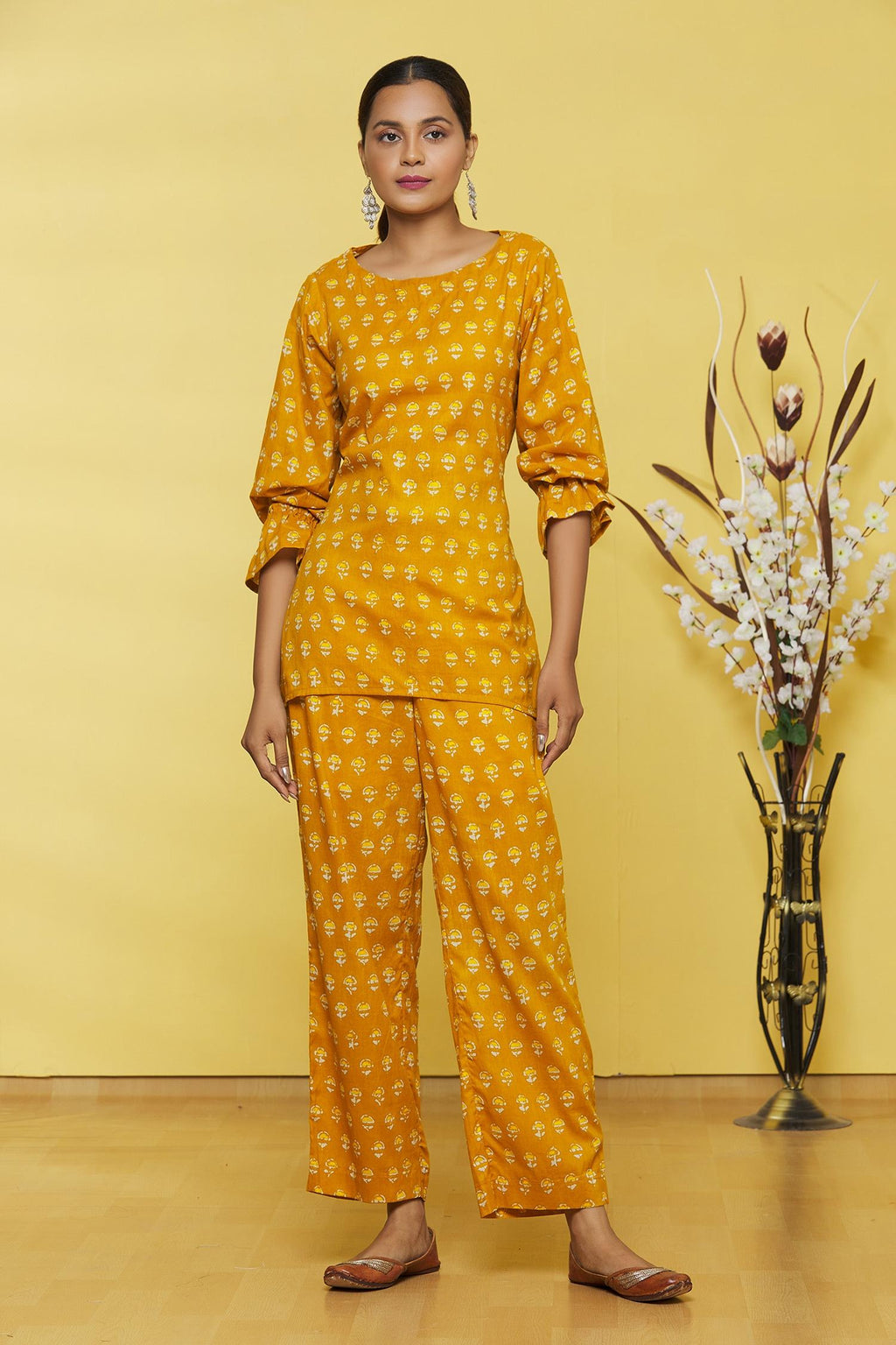 Mustard Flower Printed Cotton Top with Palazzo Pant