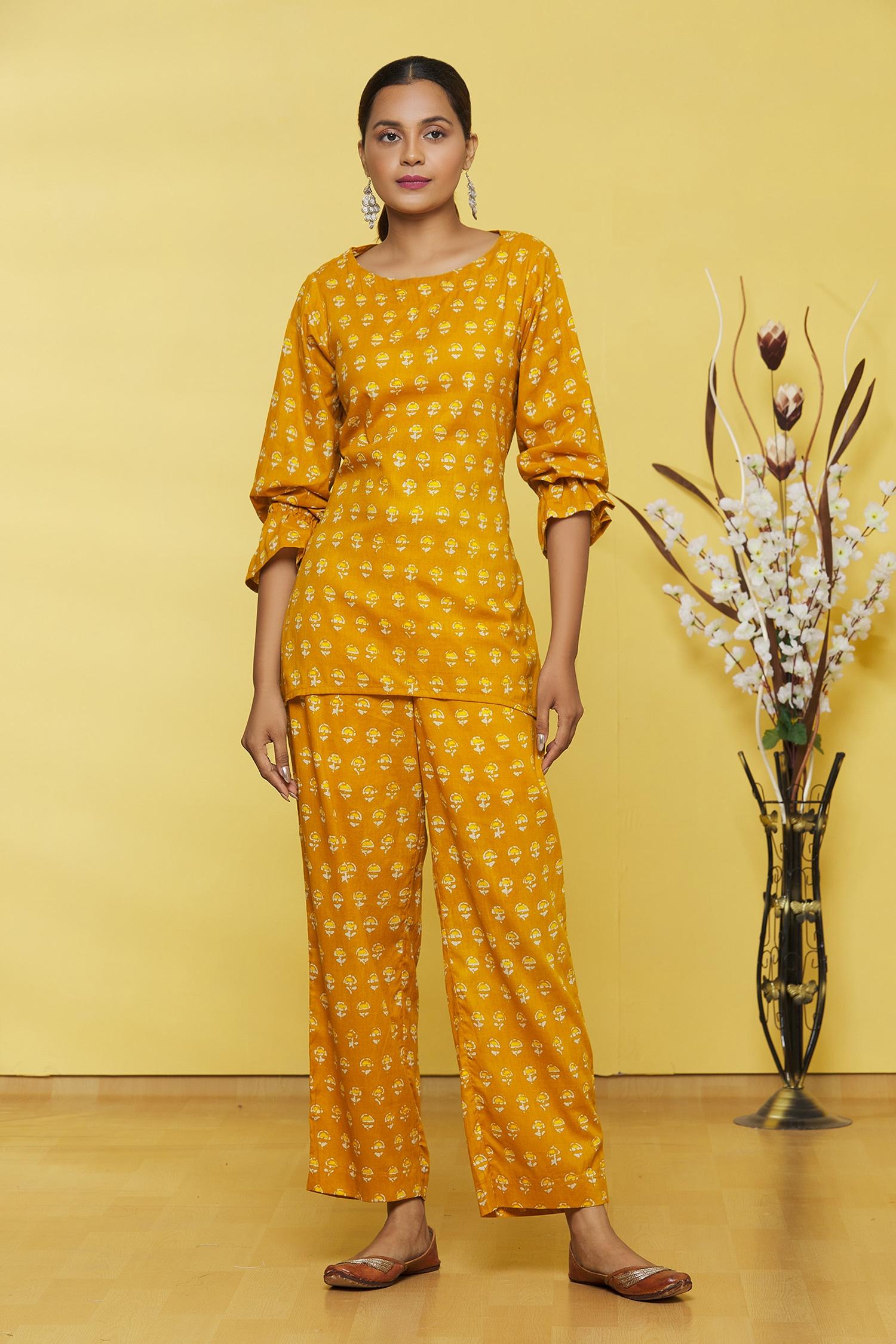 Mustard Flower Printed Cotton Top with Palazzo Pant