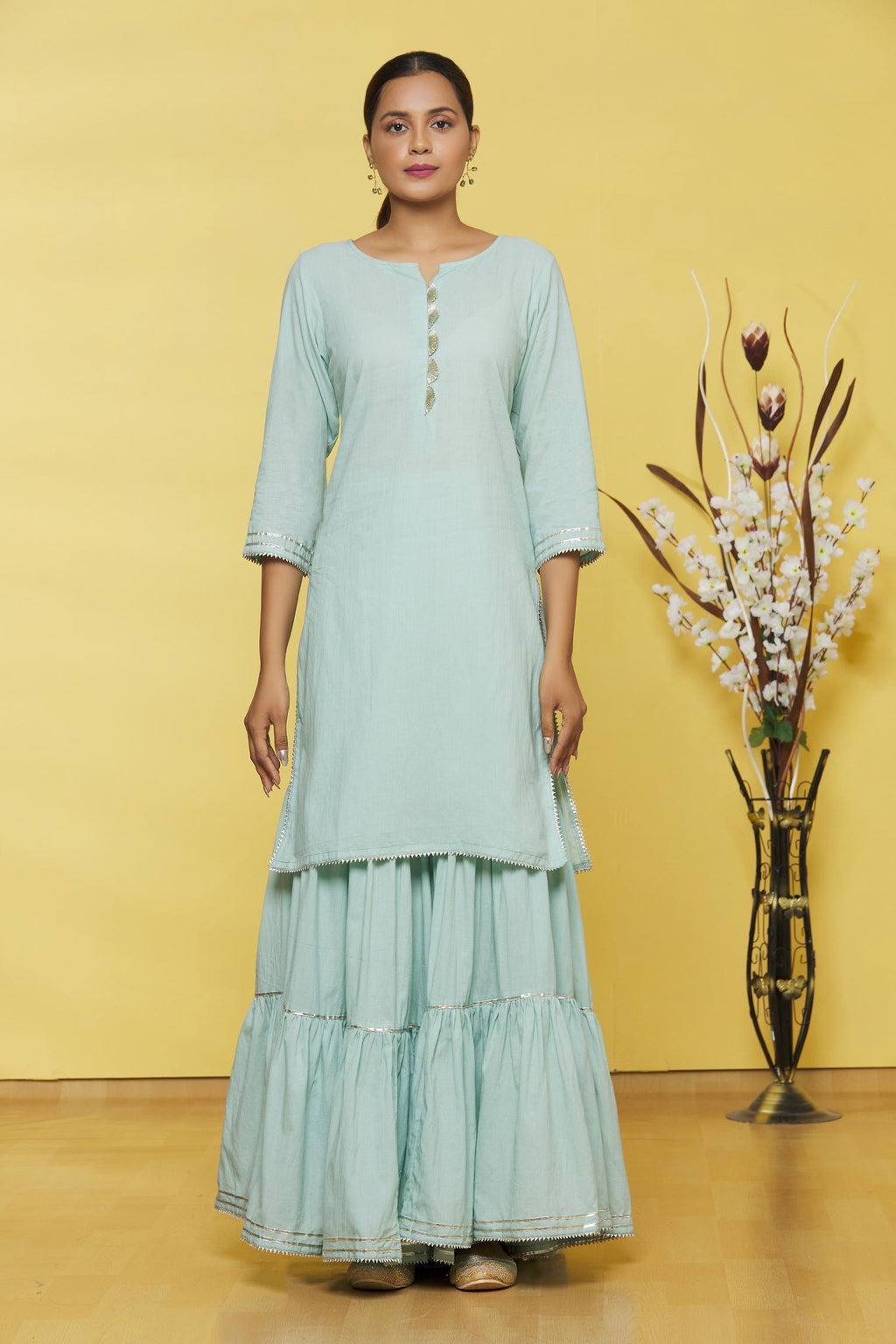 Green Cotton Kurti Sharara set