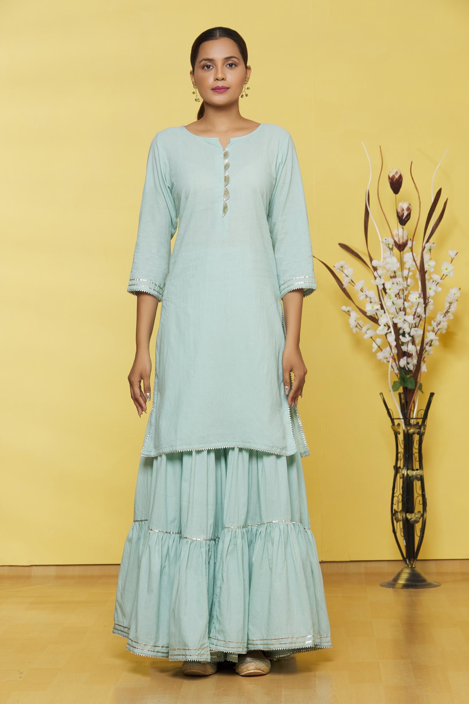 Green Cotton Kurti Sharara set