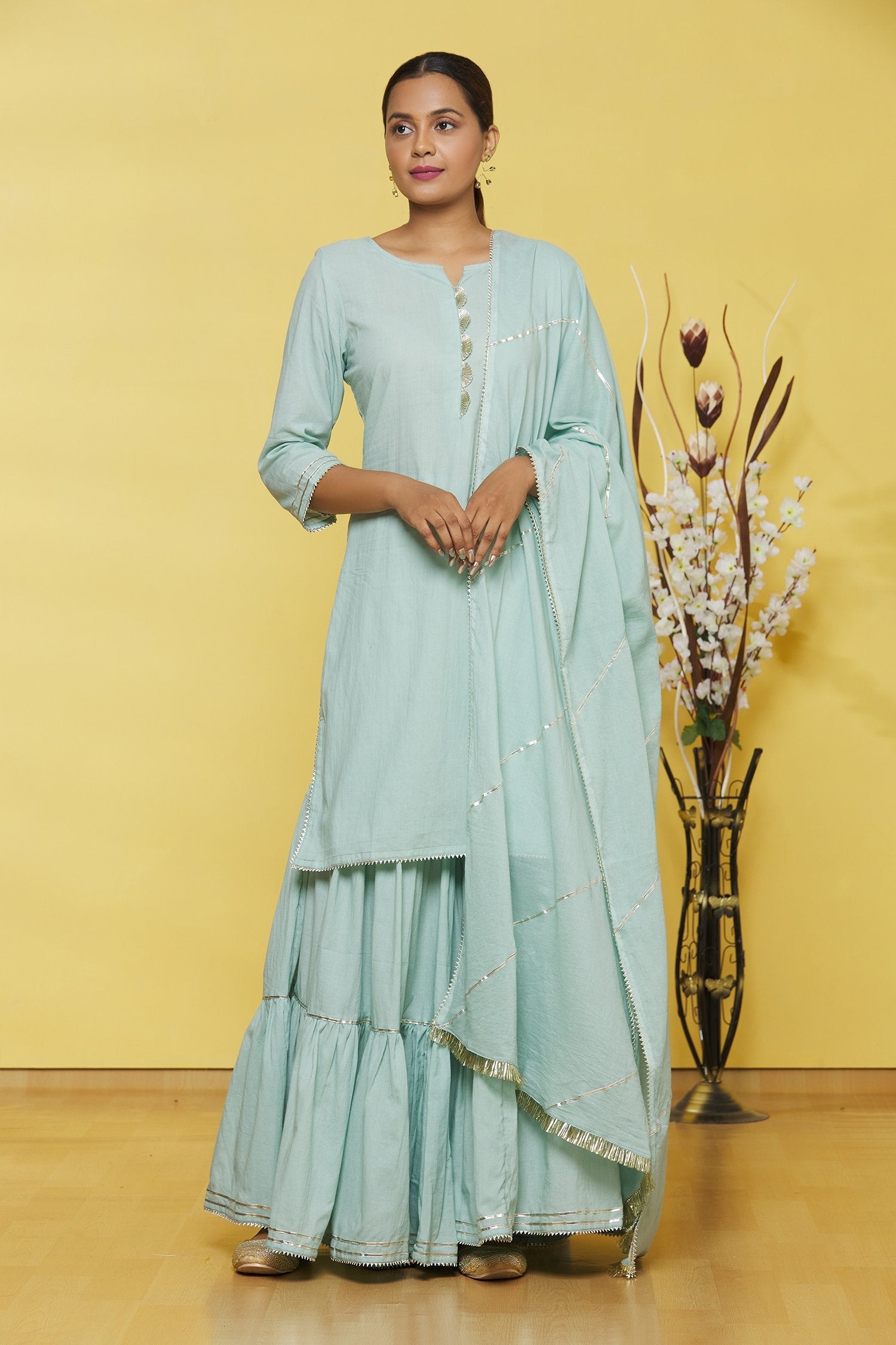 Green Cotton Kurti Sharara set