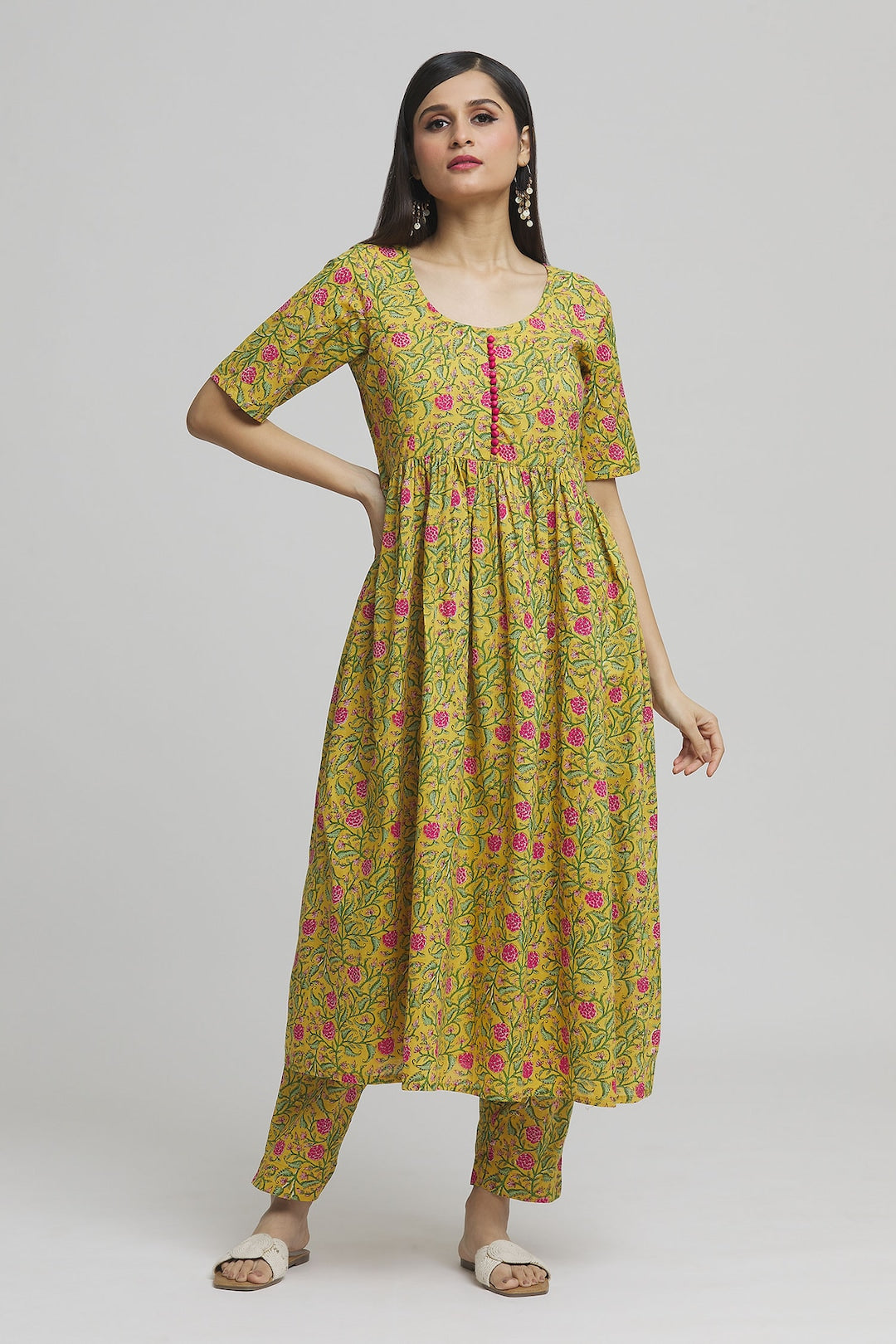 Printed Mustard Gather Kurta and Pant