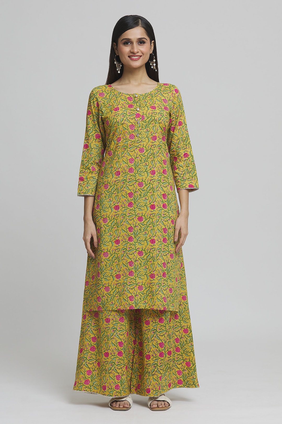 Printed Mustard Gather Kurta and Pant