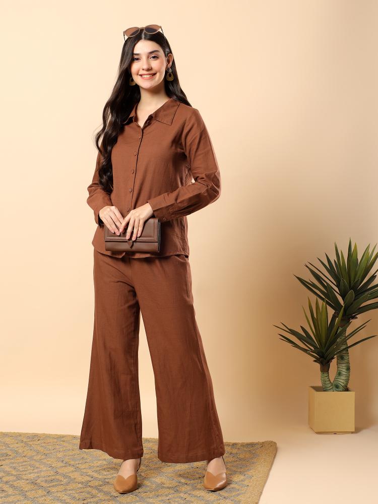 Women Coffee Plain Cotton Shirt  Trouser Set