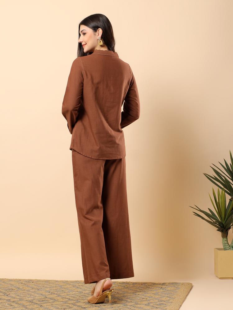 Women Coffee Plain Cotton Shirt  Trouser Set